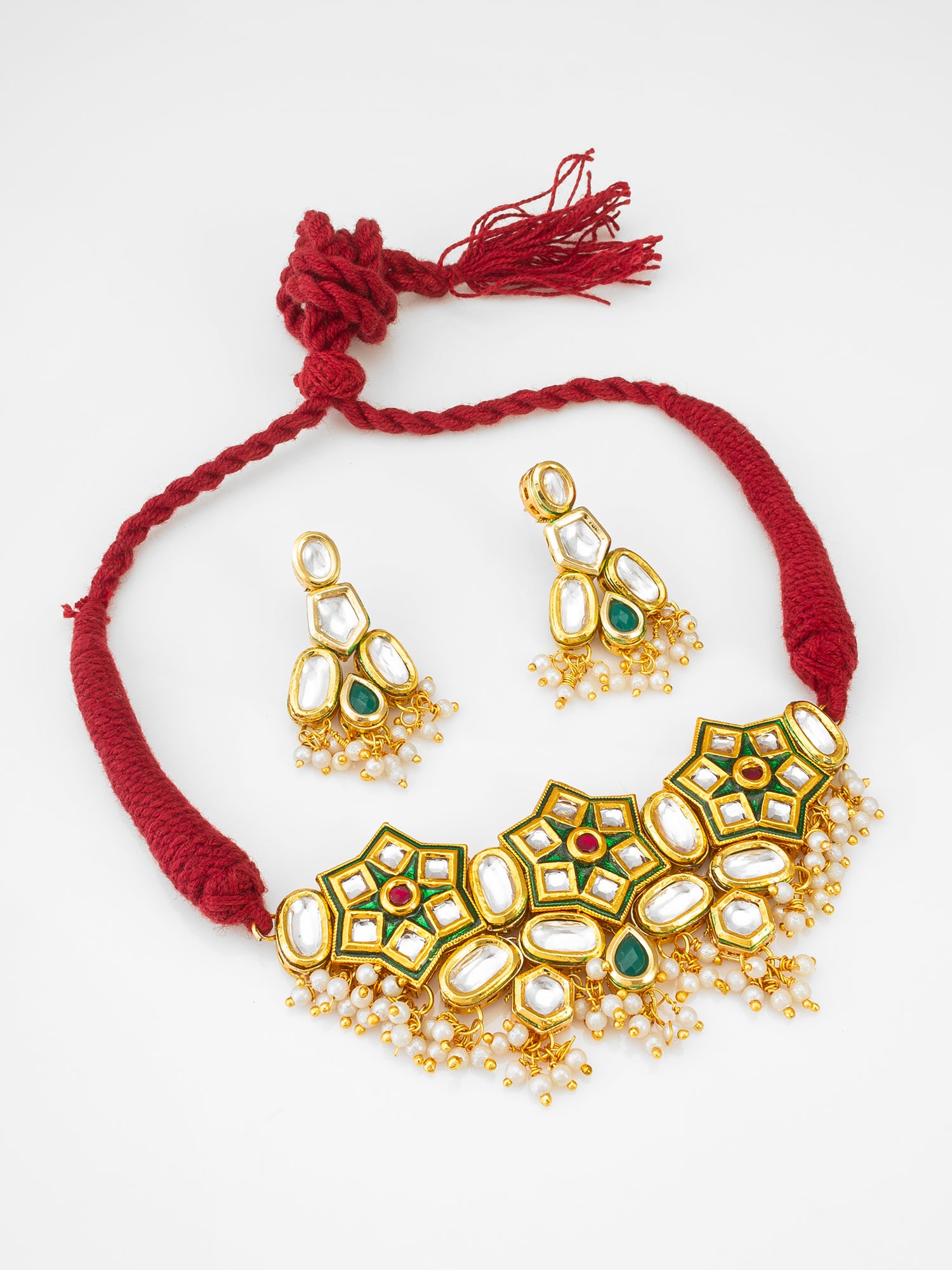Kundan Choker Necklace Set with Meenakari, Pearl Drops | Aadita Jewelry