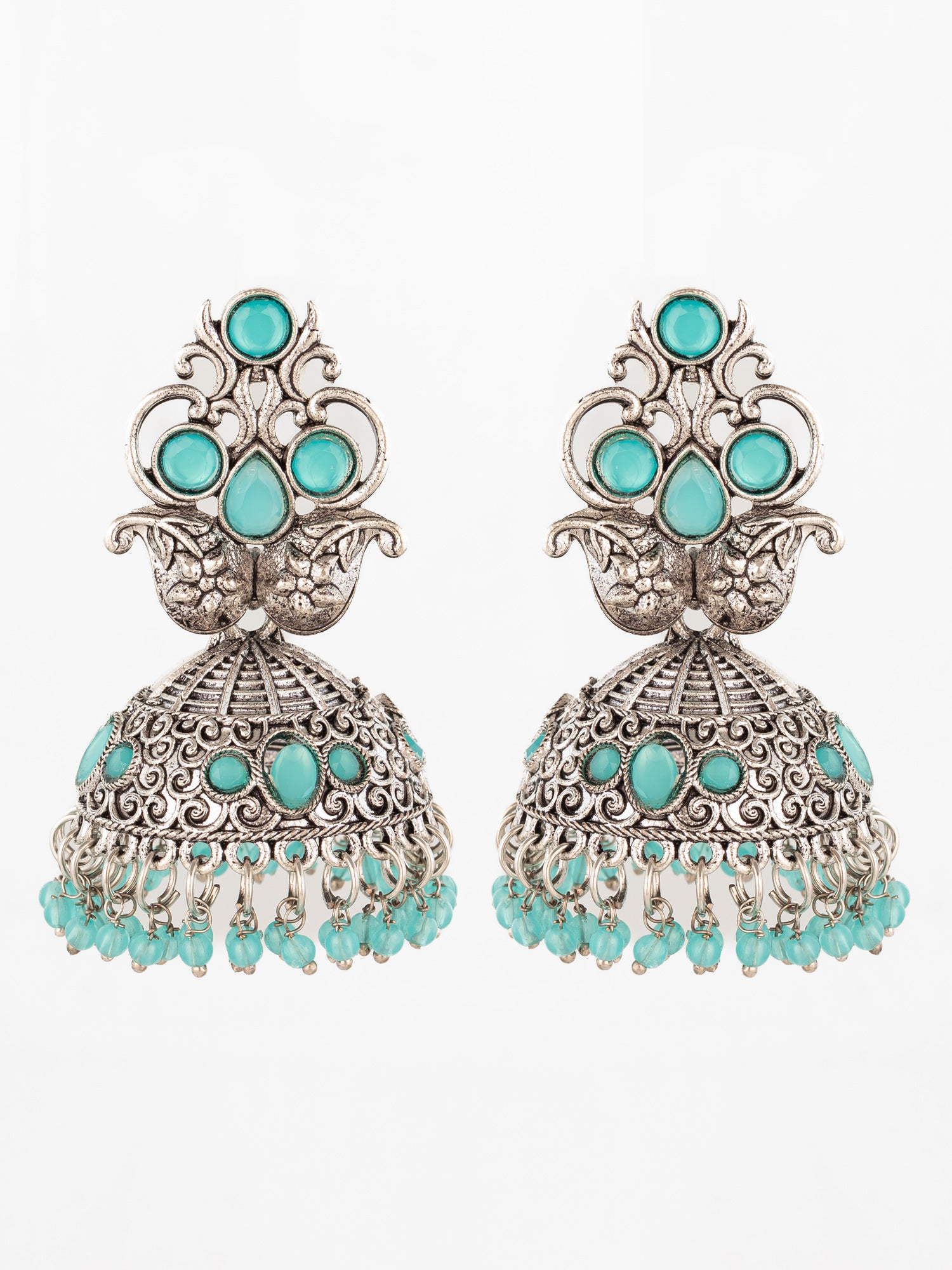 Aadita Silver Plated Stone Oxidized Jhumka Earrings | Aadita Jewelry