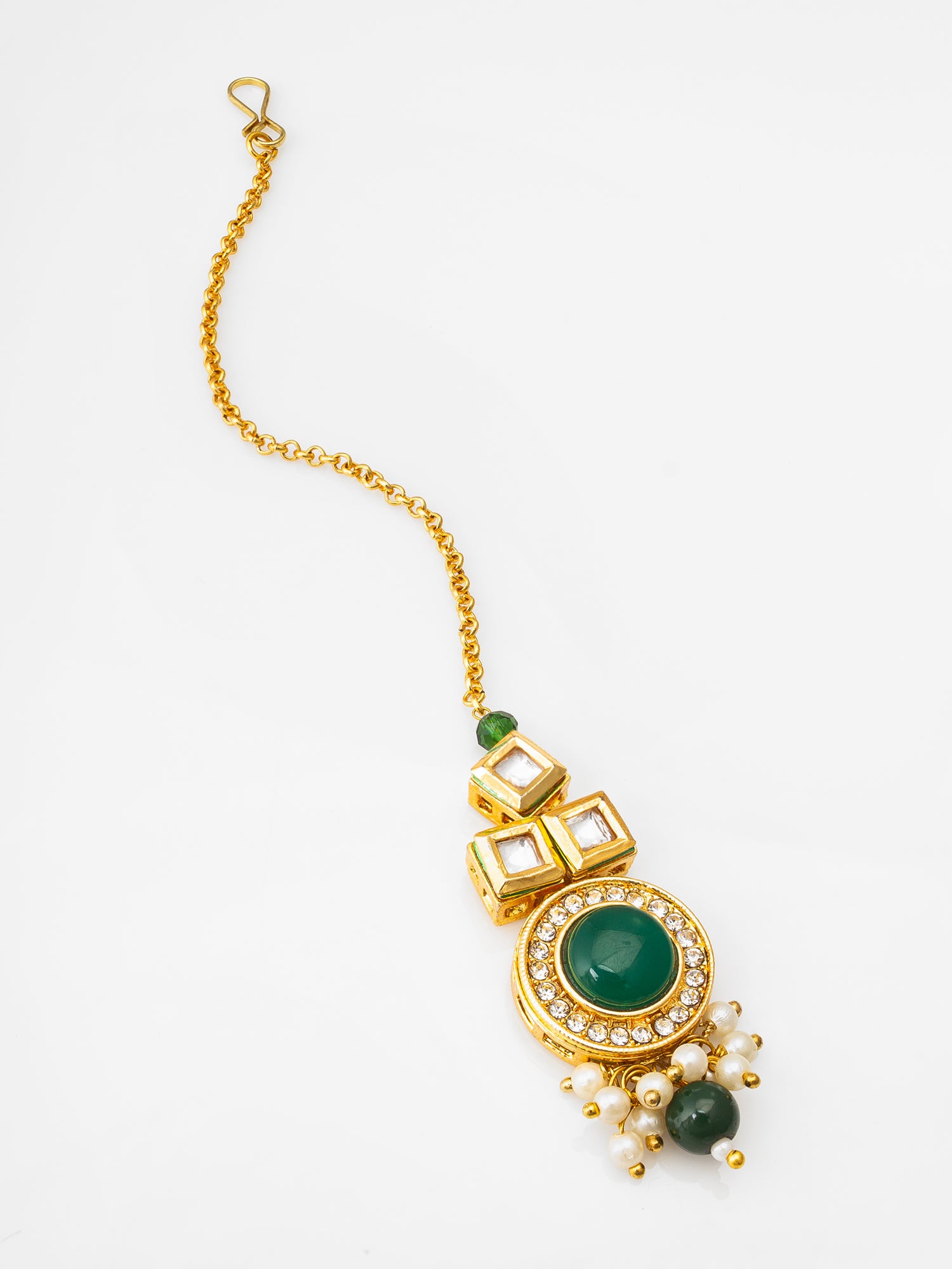 Classic Kundan Green Stone Maang Tikka with Pearl Drops | Aadita Jewelry