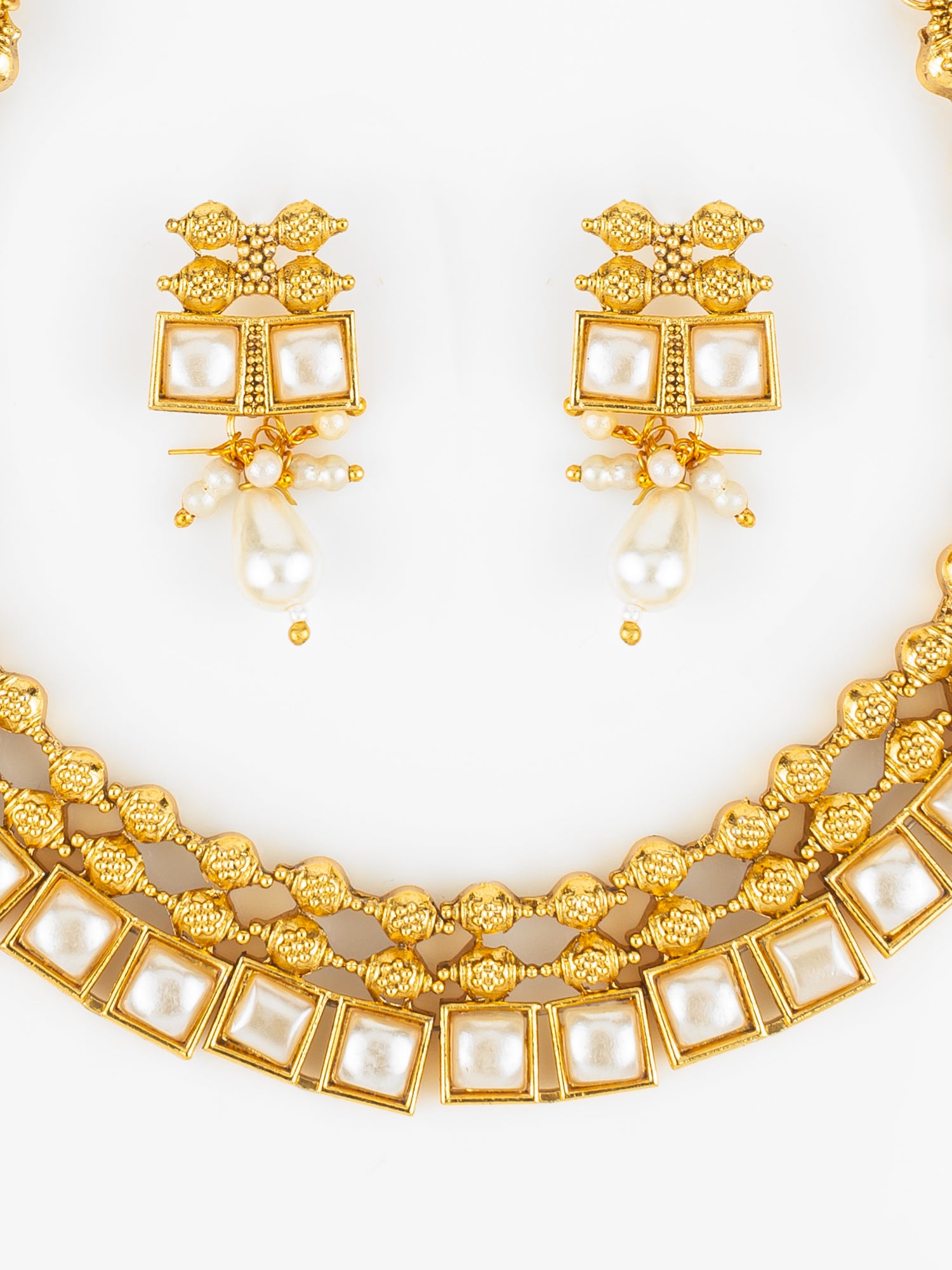 Gold Plated Pearl Kundan Geometric Traditional Necklace Set for Women – View 4 | Aadita Jewelry