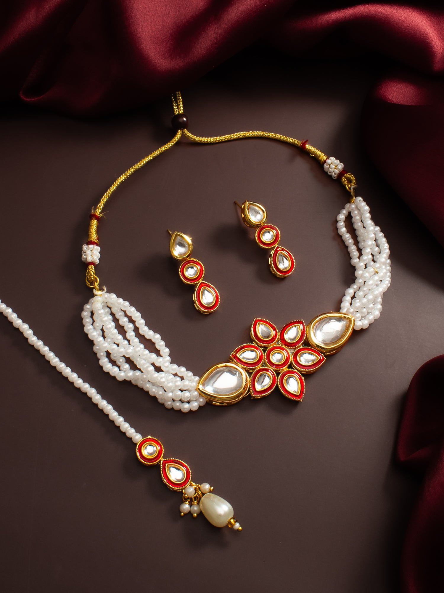Red & White Kundan Pearl Choker Necklace Set with Maang Tikka for Women – View 5 | Aadita Jewelry