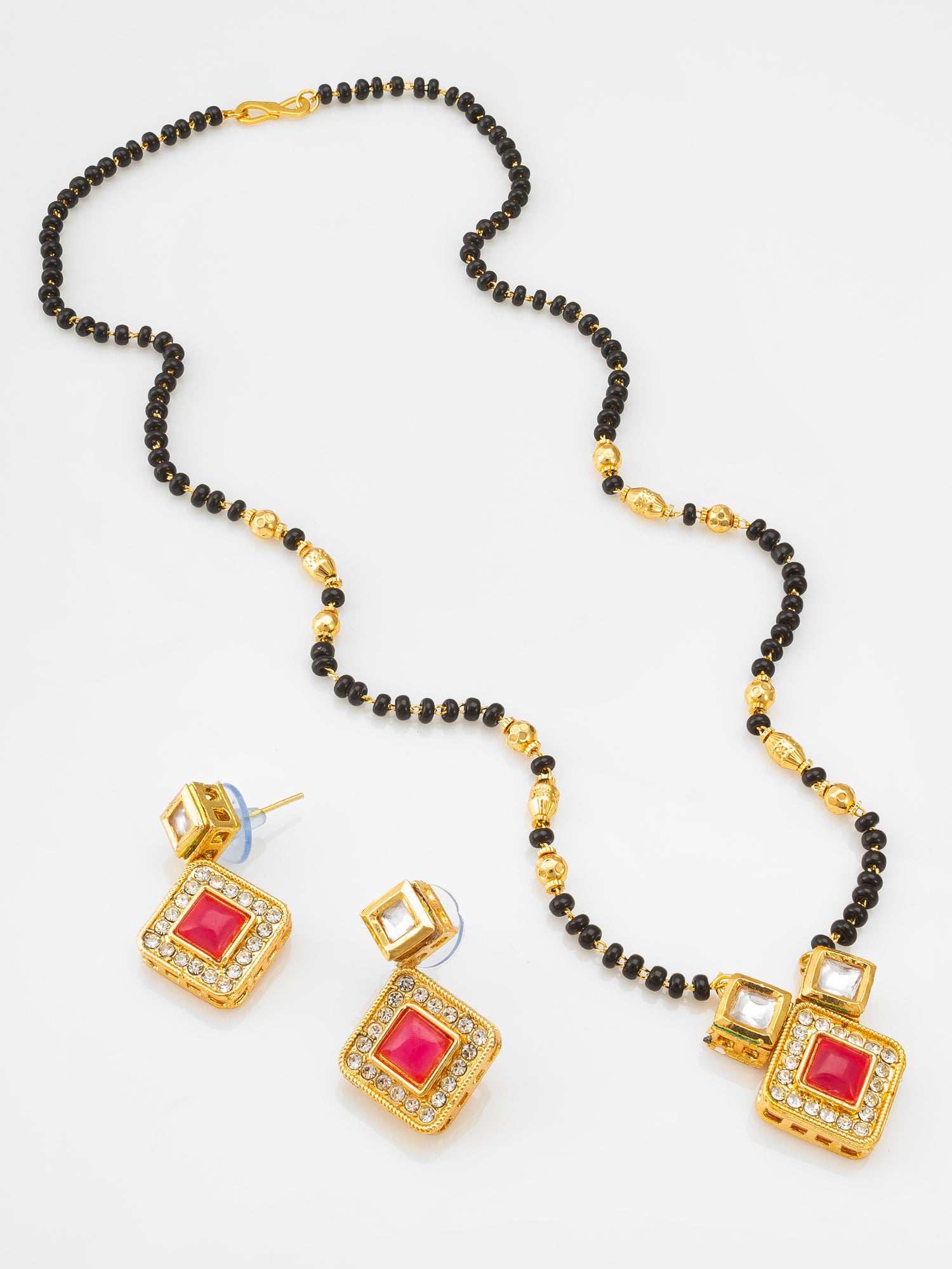 Kundan Mangalsutra Set with Pink Stone Square Pendant and Matching Earrings | Aadita Jewelry