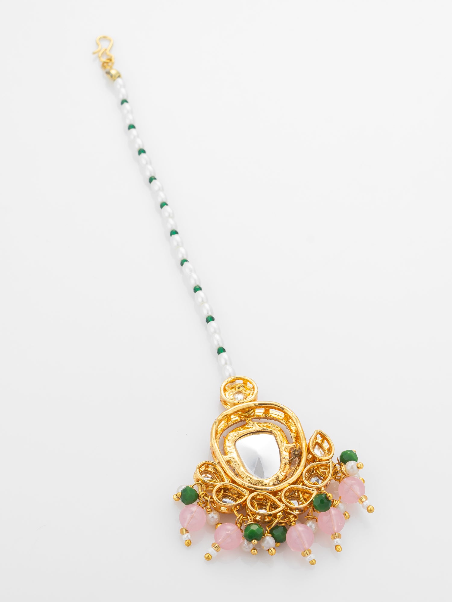 Aadita Gold Plated Large Pink Kundan Pendant Mangtika with Pearl and Green Bead Chain – View 4 | Aadita Jewelry
