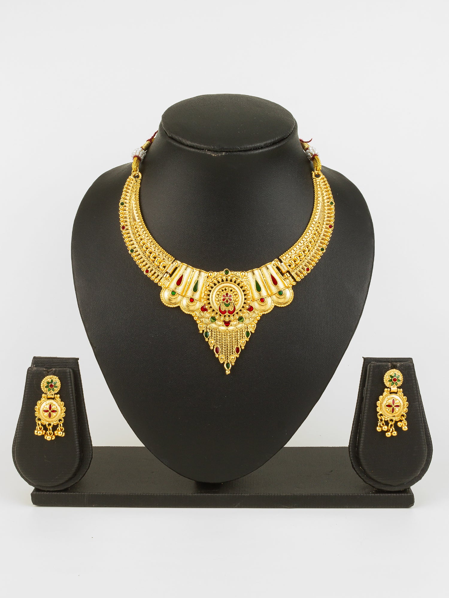 South Indian Gold-Plated Necklace Set | Traditional Bridal Temple Jewellery with Earrings – View 5 | Aadita Jewelry