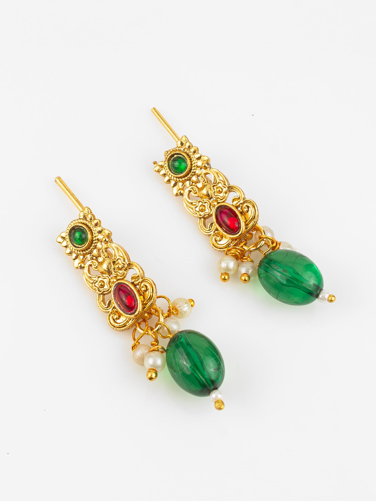 Gold Plated Red & Green Temple-Inspired Necklace Set with Drop Earrings – View 2 | Aadita Jewelry