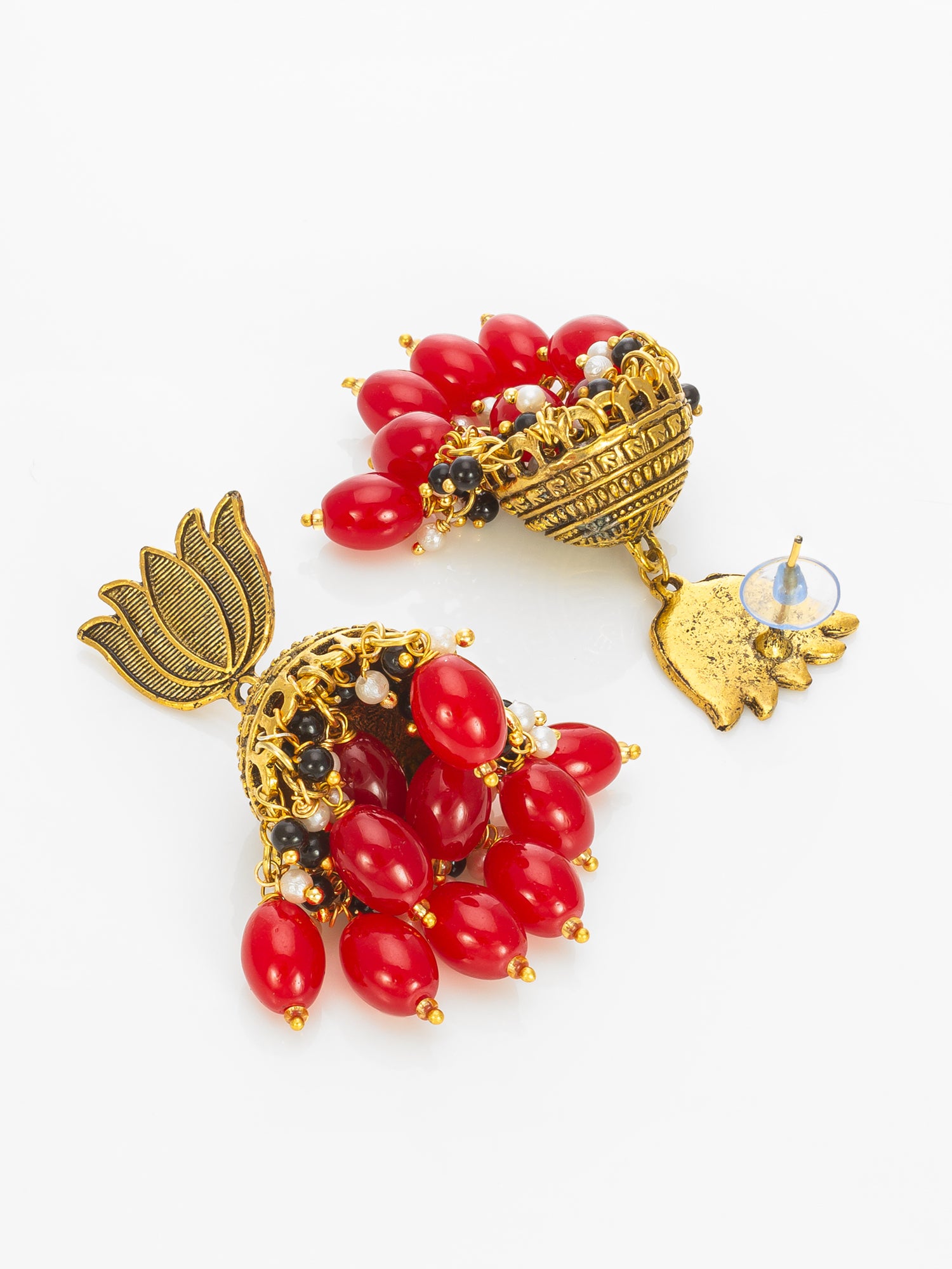 Lotus Top Gold-Plated Red Beaded Jhumka Earrings – View 2 | Aadita Jewelry