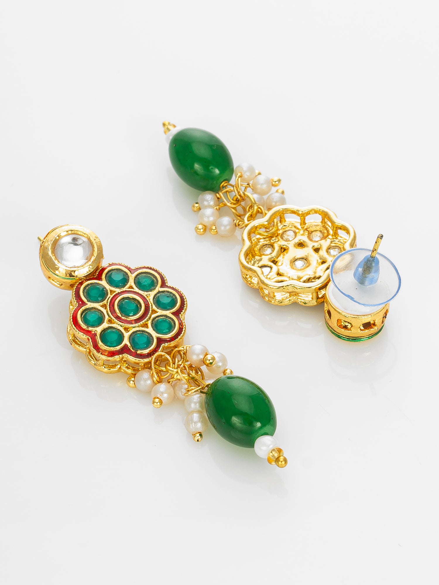 Gold Plated Red & White Kundan Beaded Traditional Necklace Set – View 3 | Aadita Jewelry