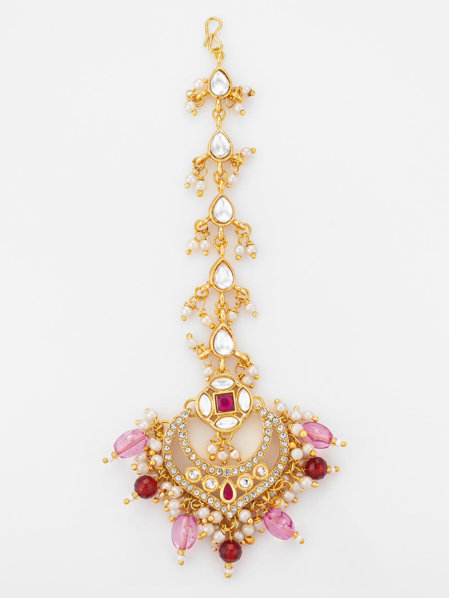 Aadita Gold Plated Kundan Chandbali Maang Tikka with Pink and Maroon Bead Drops | Aadita Jewelry