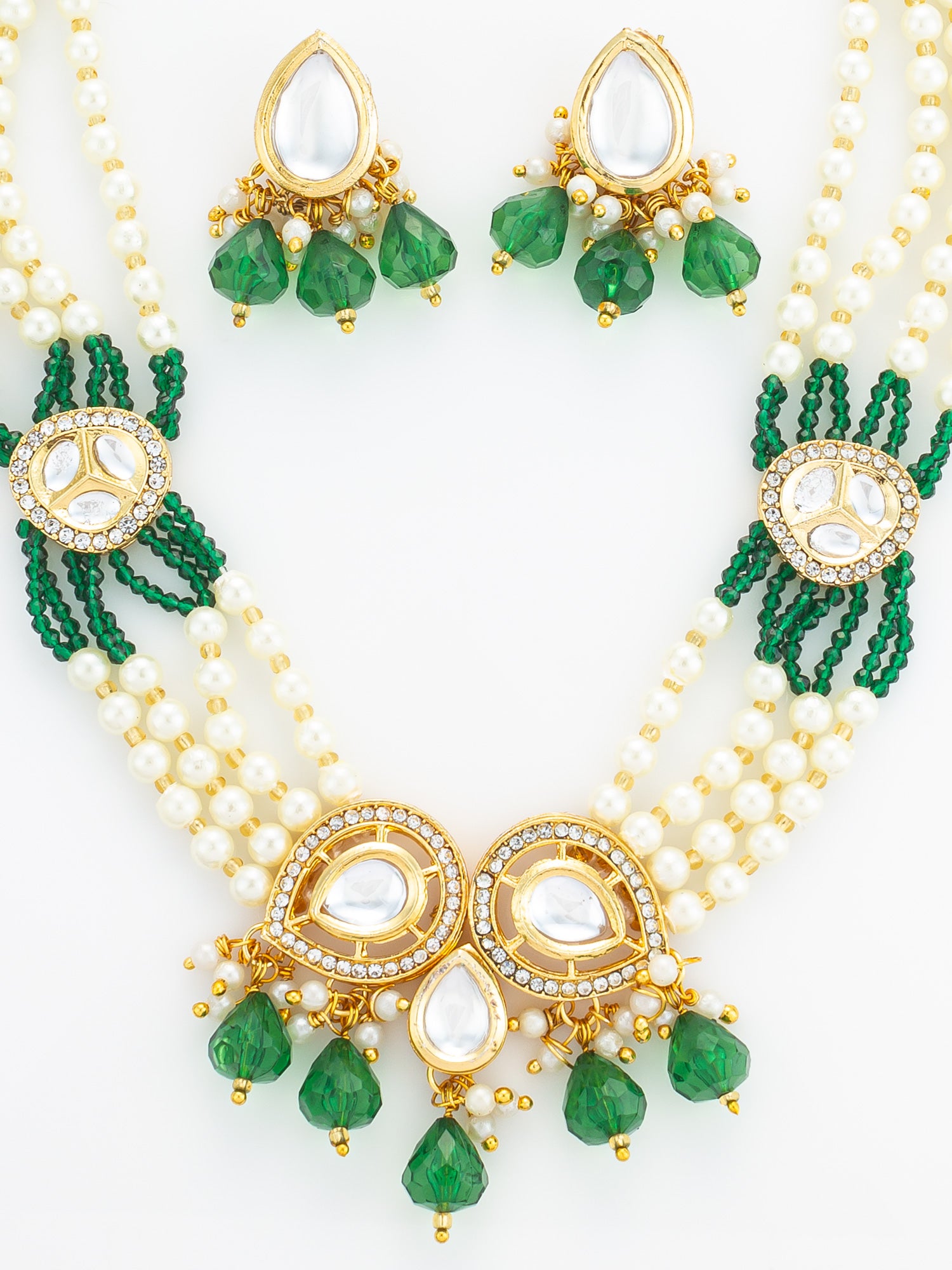 Gold Plated Green Kundan & Pearl Layered Necklace Set – View 4 | Aadita Jewelry
