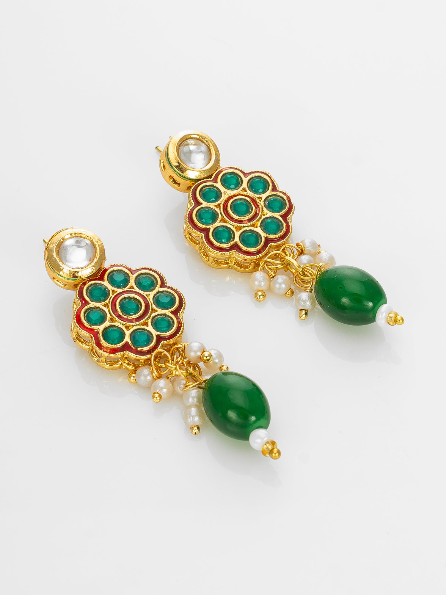 Gold Plated Red & White Kundan Beaded Traditional Necklace Set – View 2 | Aadita Jewelry