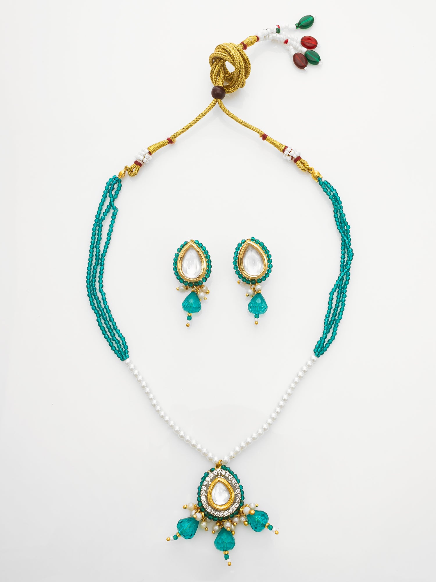 Gold Plated Kundan Teal Beaded Necklace Set with Earrings for Women | Aadita Jewelry