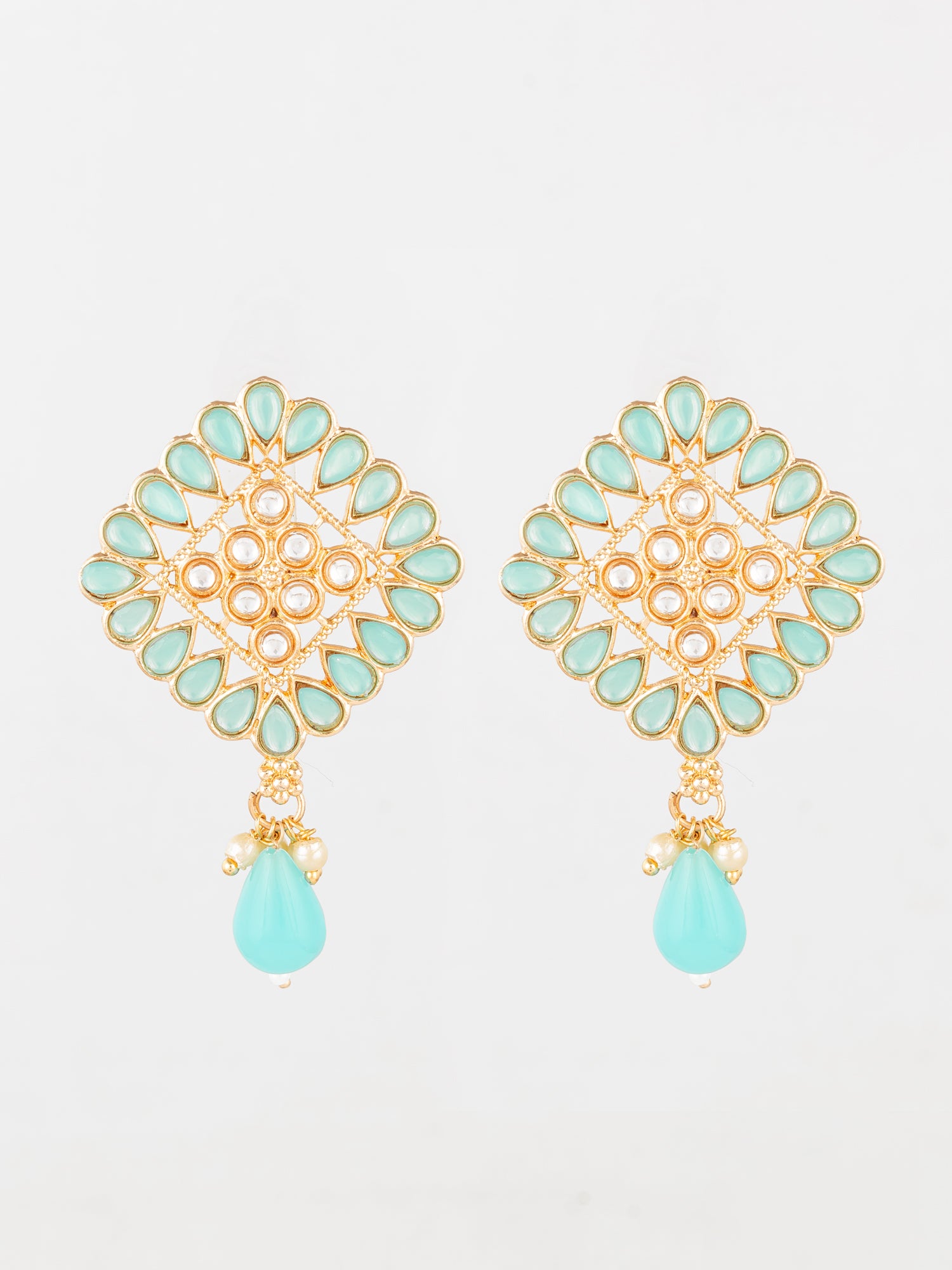 Aadita Gold Plated Mint Green Geometric Stud Drop Earrings | Aadita Jewelry