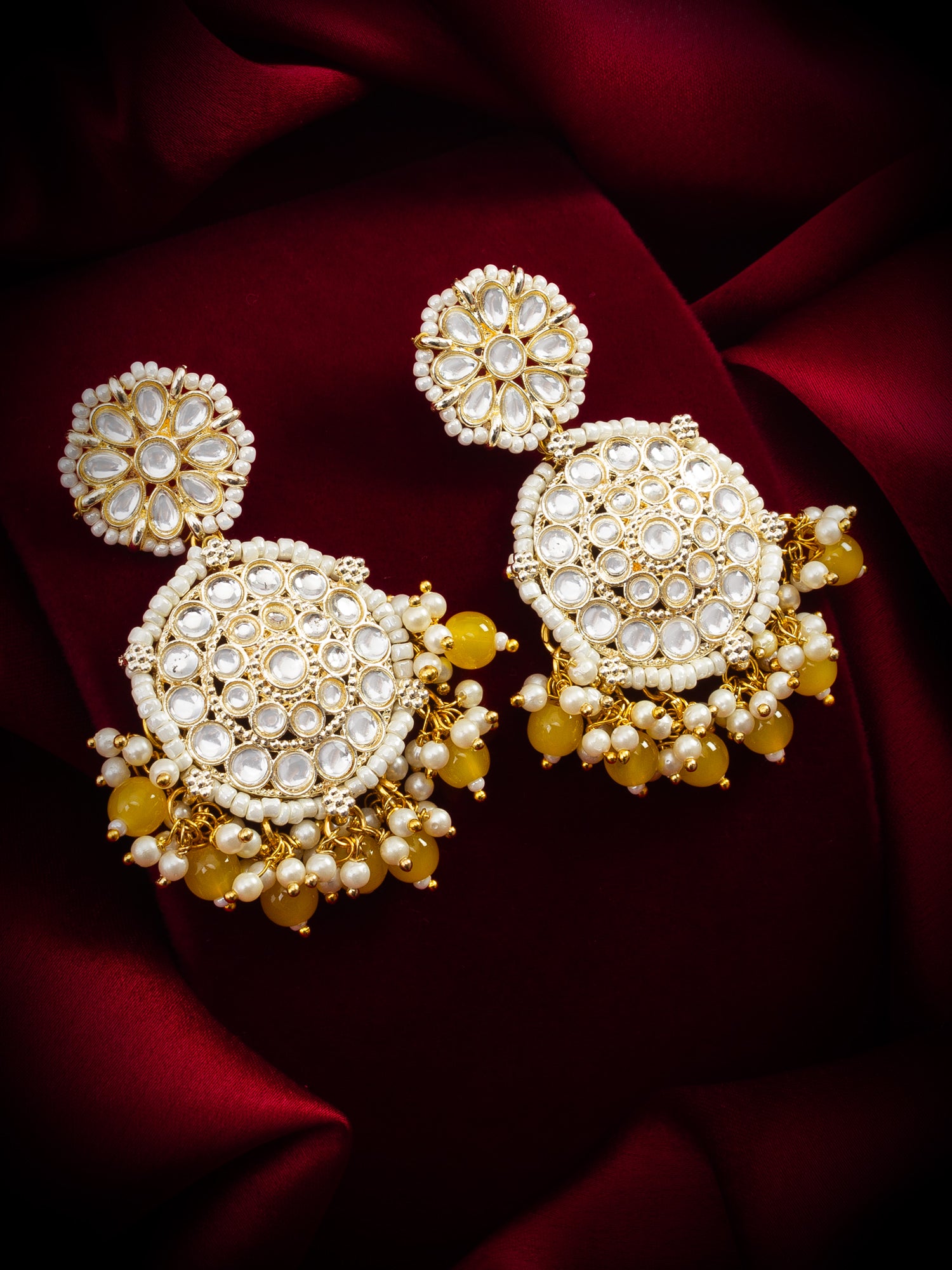 Kundan Round Chandbali Earrings with Yellow Beads and Pearl Cluster – View 4 | Aadita Jewelry