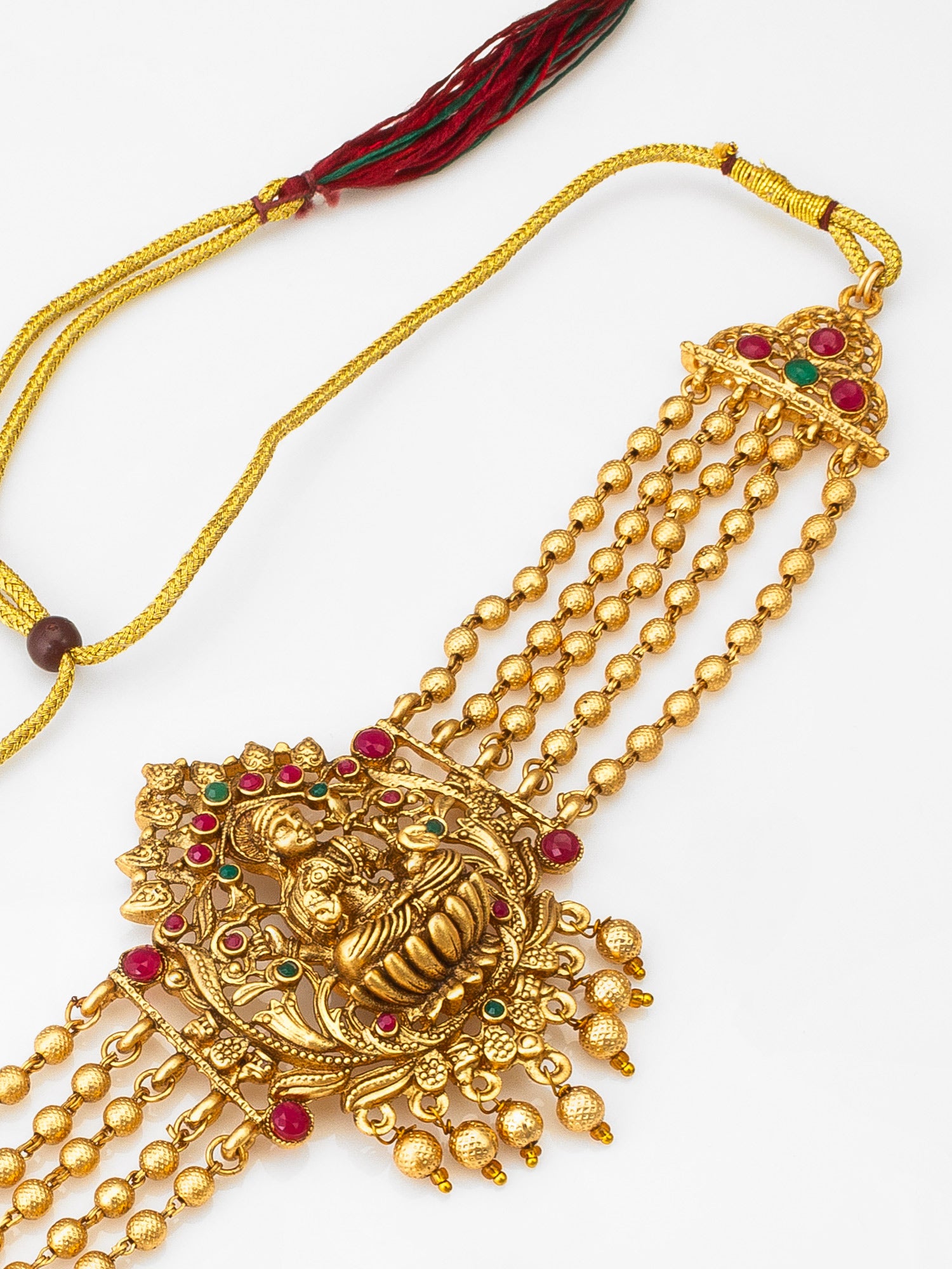 Antique Gold Multi-Strand Lakshmi Temple Necklace Set with Stones and Double Jhumka Earrings – View 2 | Aadita Jewelry