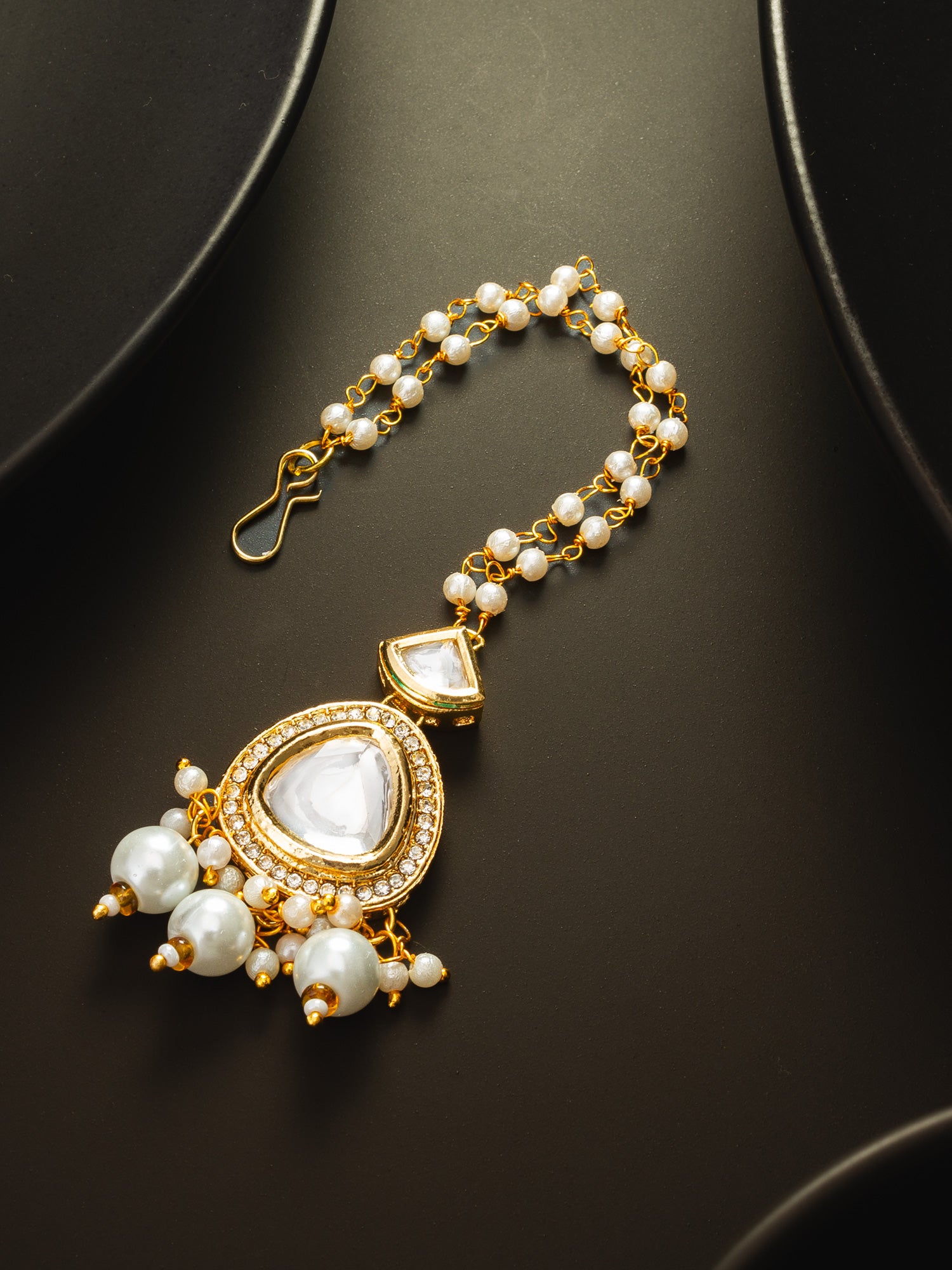Gold-Plated Kundan Maang Tikka with Pearl Drop – View 5 | Aadita Jewelry