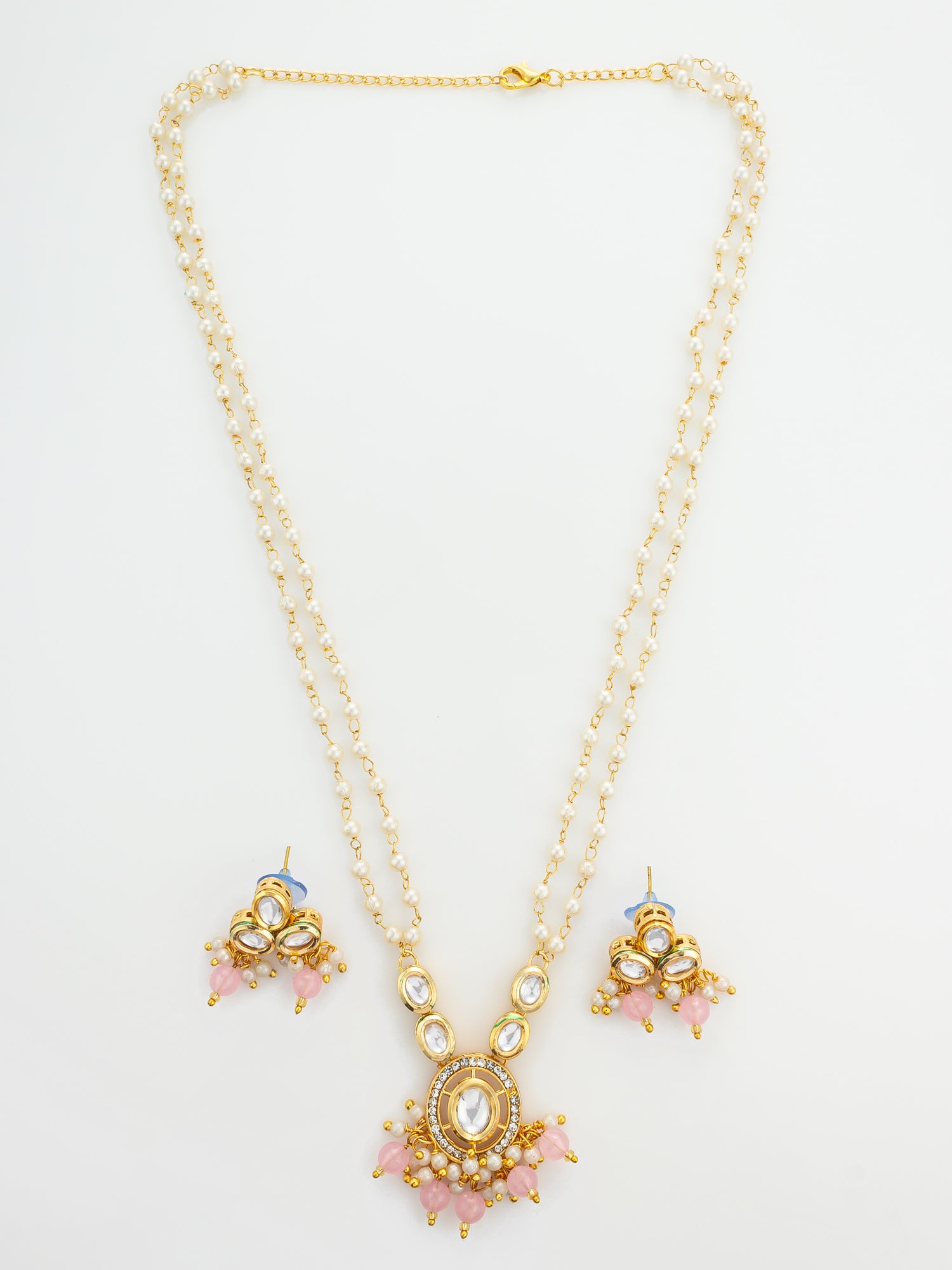 Gold Plated Kundan and Pink Pearl Long Necklace Set | Aadita Jewelry