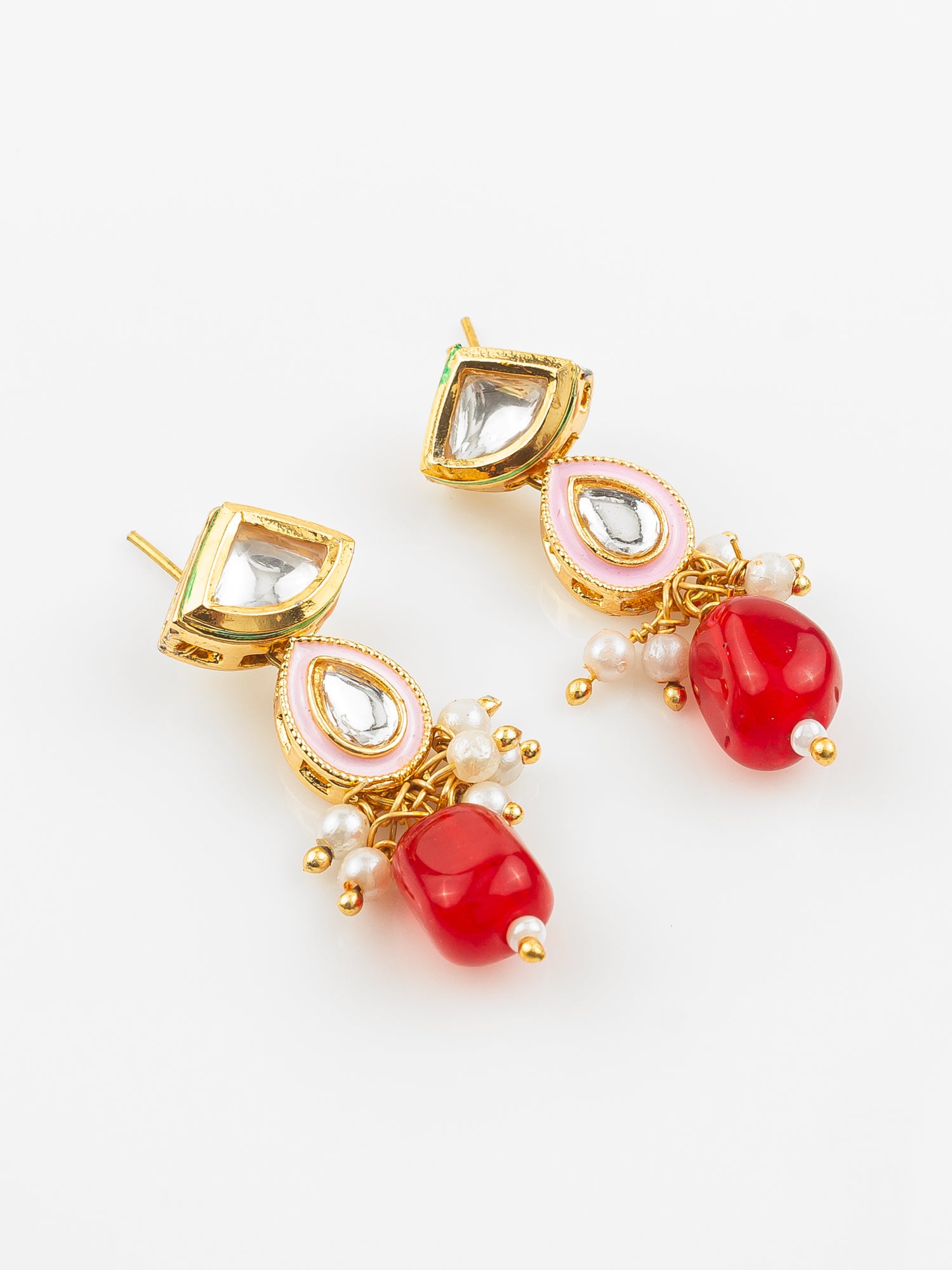 Gold Plated Red & White Kundan Beaded Necklace Set for Women – View 2 | Aadita Jewelry