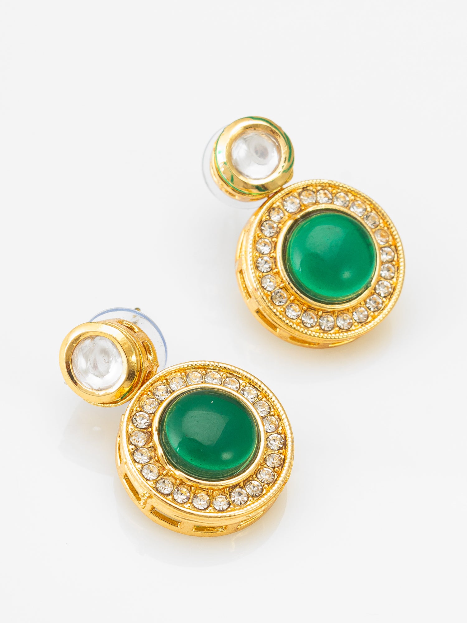 Kundan Mangalsutra Set with Green Stone Circular Pendant and Crystal Earrings – View 3 | Aadita Jewelry