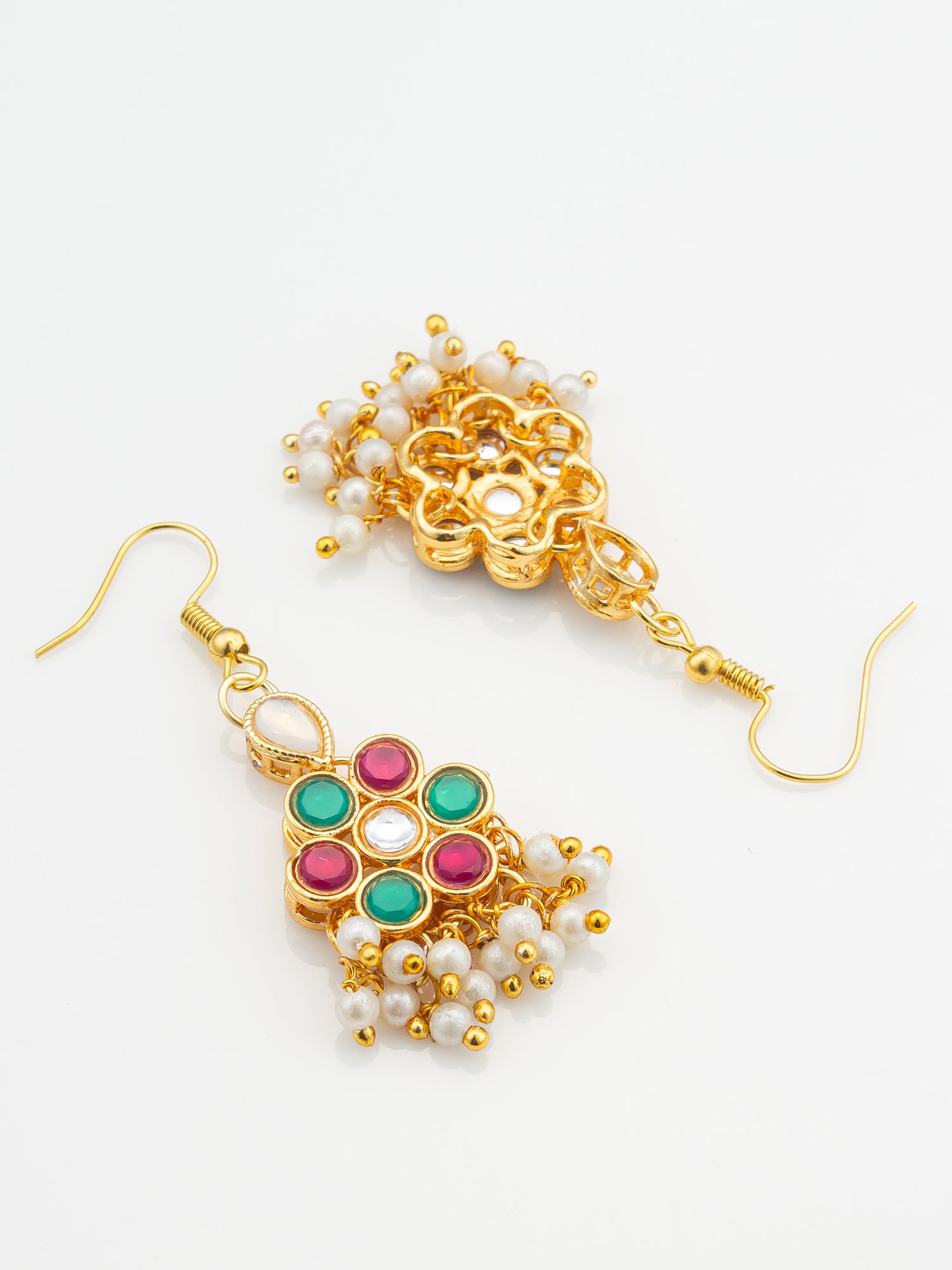 Festive Pink and Green Kundan Cluster Drop Earrings – View 3 | Aadita Jewelry