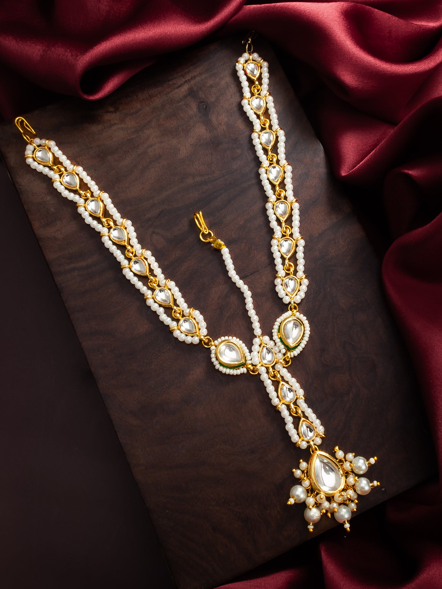 Gold-Plated White Kundan Matha Patti with Maang Tikka for Women – View 5 | Aadita Jewelry