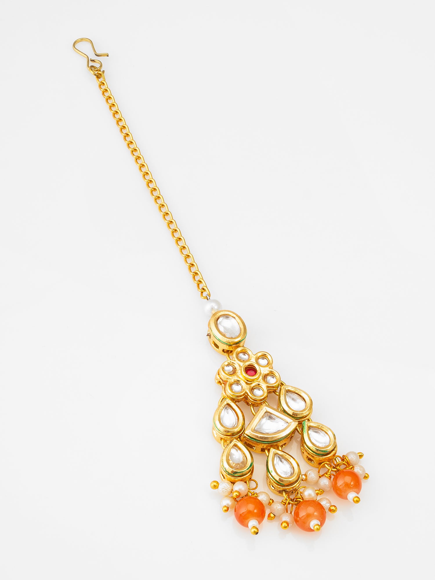 Kundan Maang Tikka with Orange Beads and Pearl | Aadita Jewelry