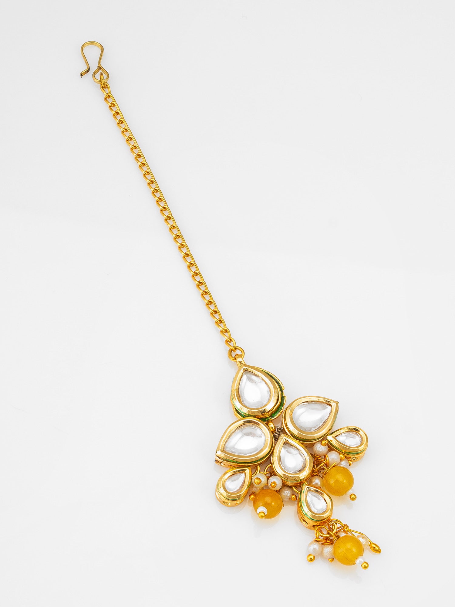 Fashion Yellow Bead Kundan Maang Tikka with Golden Chain | Aadita Jewelry
