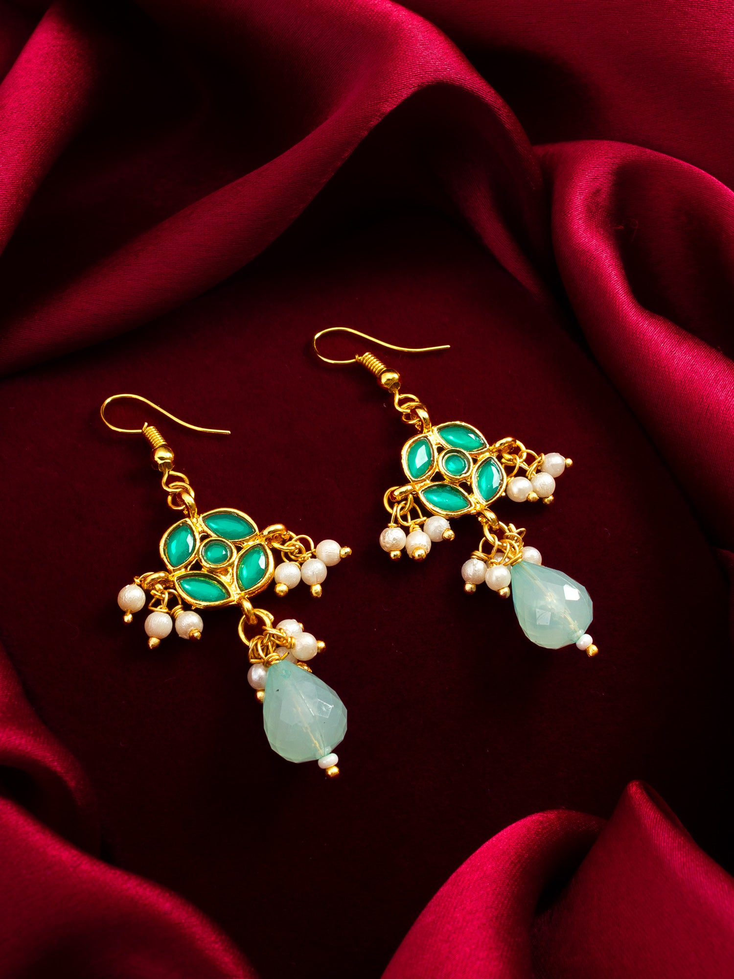 Green Floral Drop Earrings with Pearl Clusters – View 4 | Aadita Jewelry