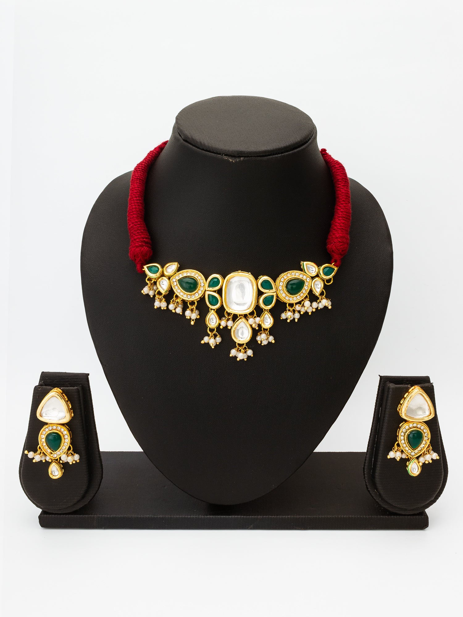 Green Kundan Designer Choker Necklace Set with Drop Earrings – View 4 | Aadita Jewelry