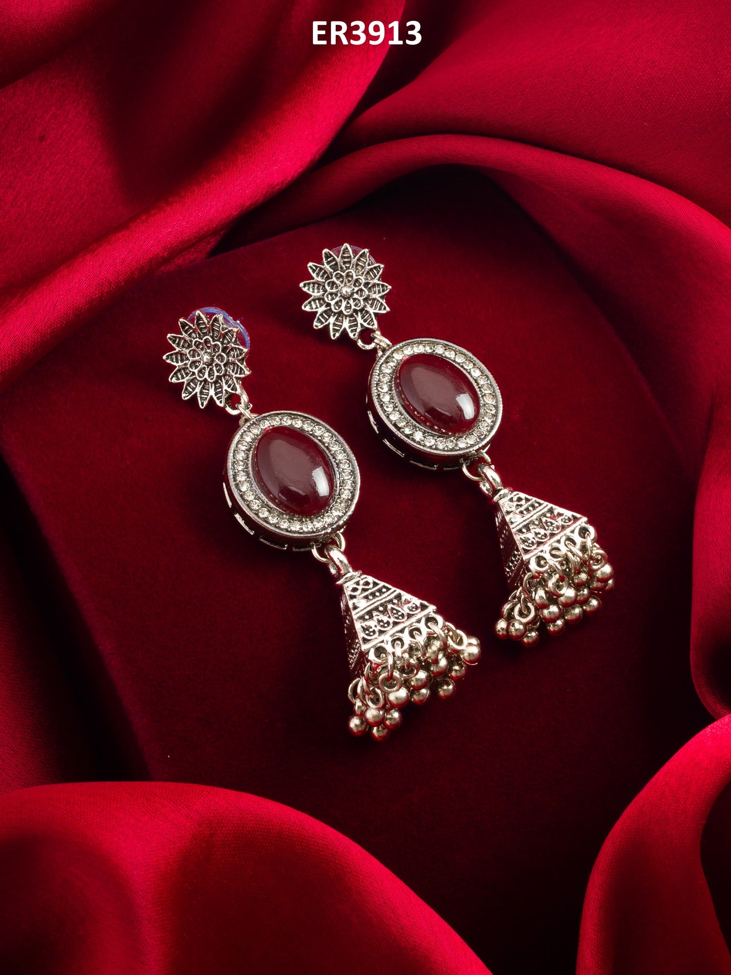 Oxidized Silver Jhumka Earrings with Stone – View 5 | Aadita Jewelry