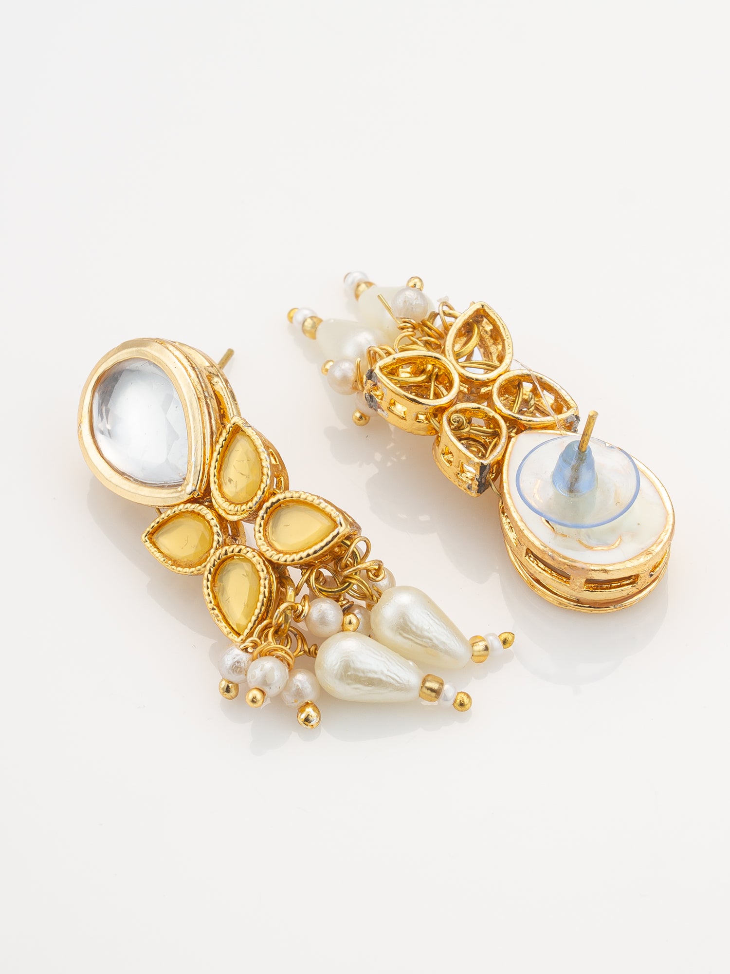Gold Plated Kundan & Pearl Layered White Necklace Set with Earrings – View 3 | Aadita Jewelry