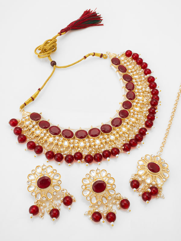 Red Kundan Choker Necklace Set with Beaded Drops Earrings | Aadita Jewelry