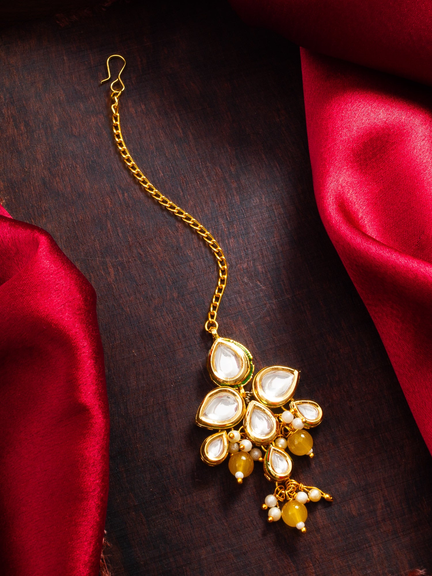 Fashion Yellow Bead Kundan Maang Tikka with Golden Chain – View 5 | Aadita Jewelry