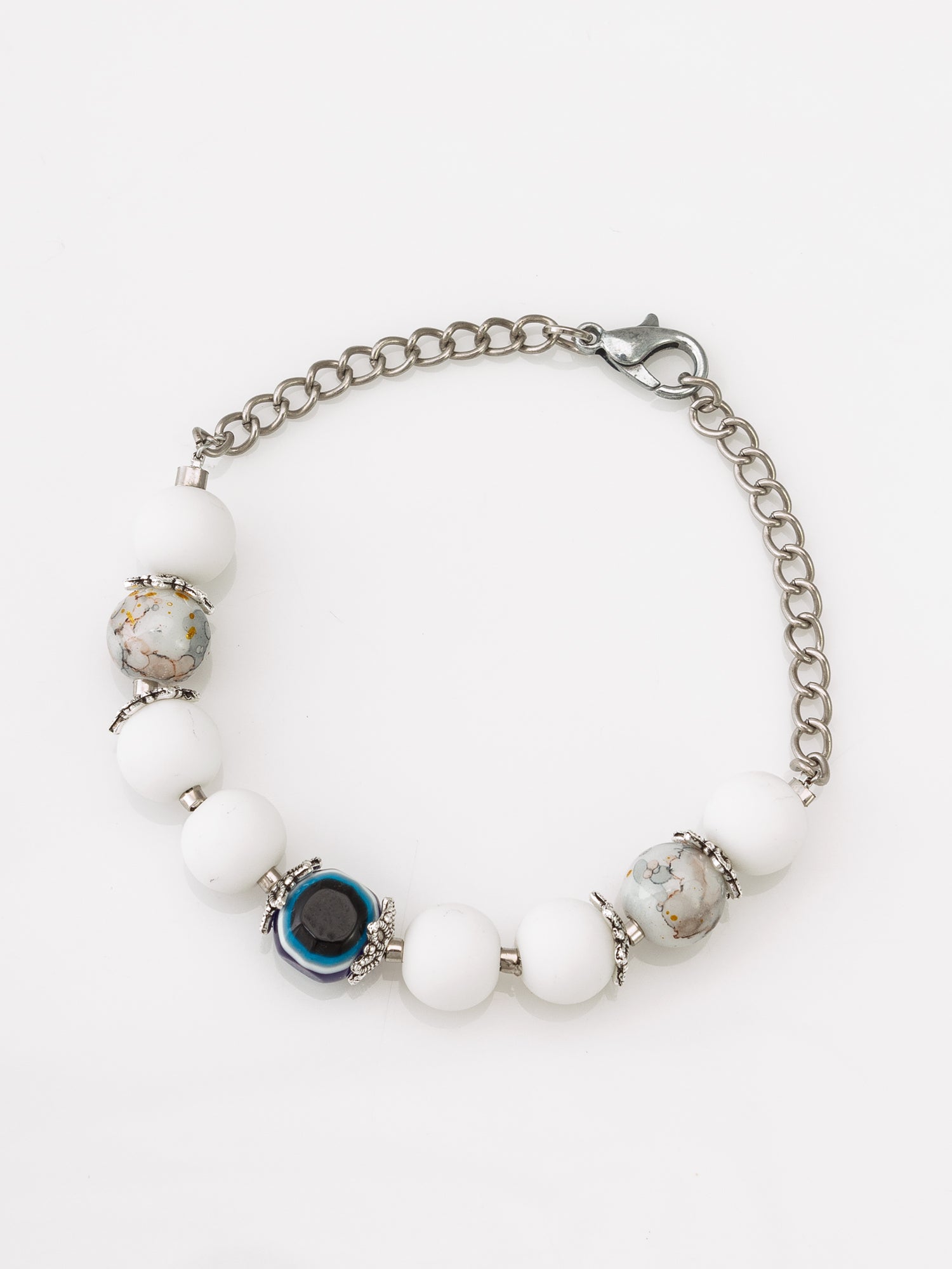 White Beaded Evil Eye Bracelet with Marble Stone – View 2 | Aadita Jewelry