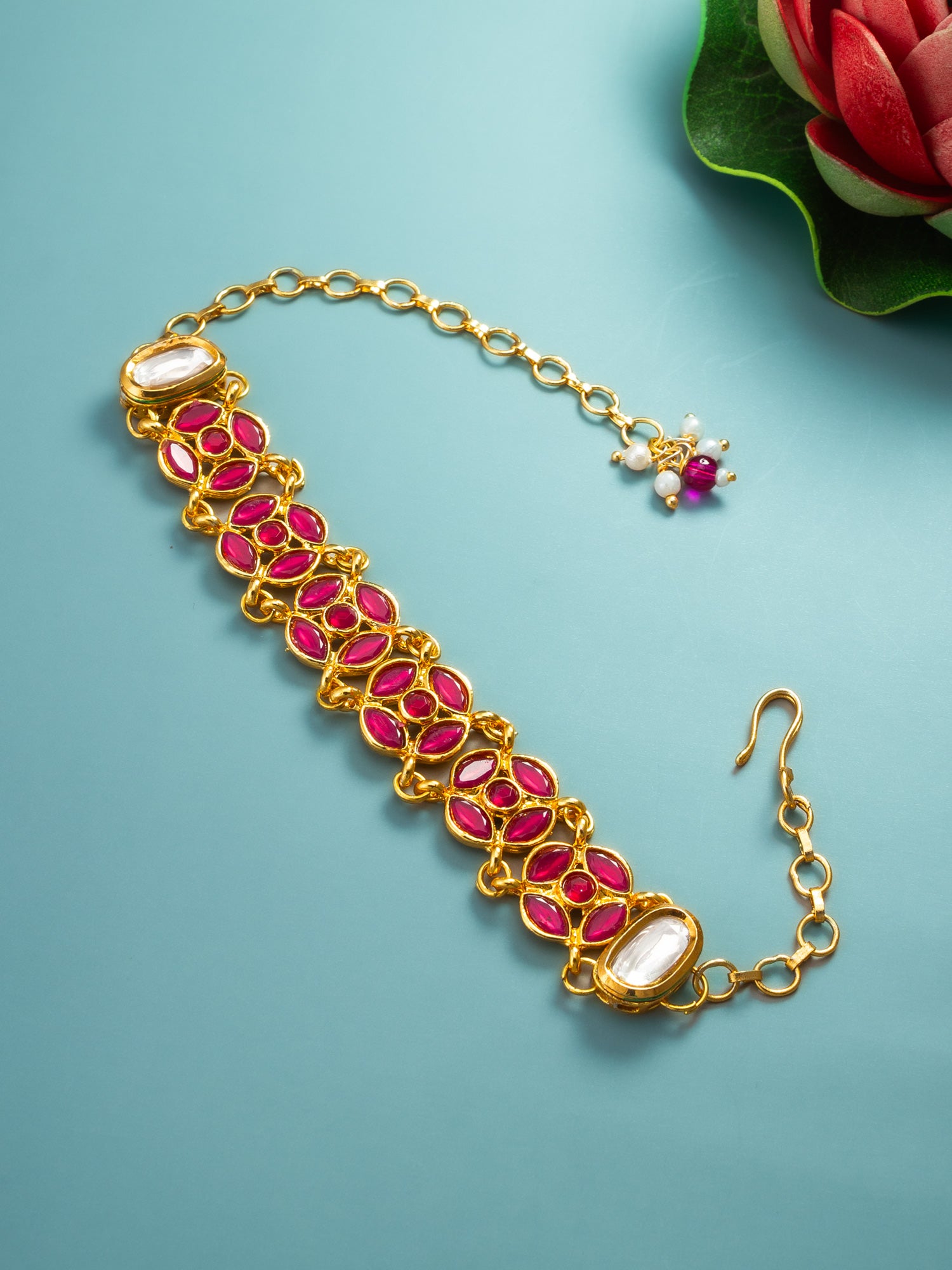 Gold-Plated Ruby Red Kundan Bracelet with Stone – View 5 | Aadita Jewelry