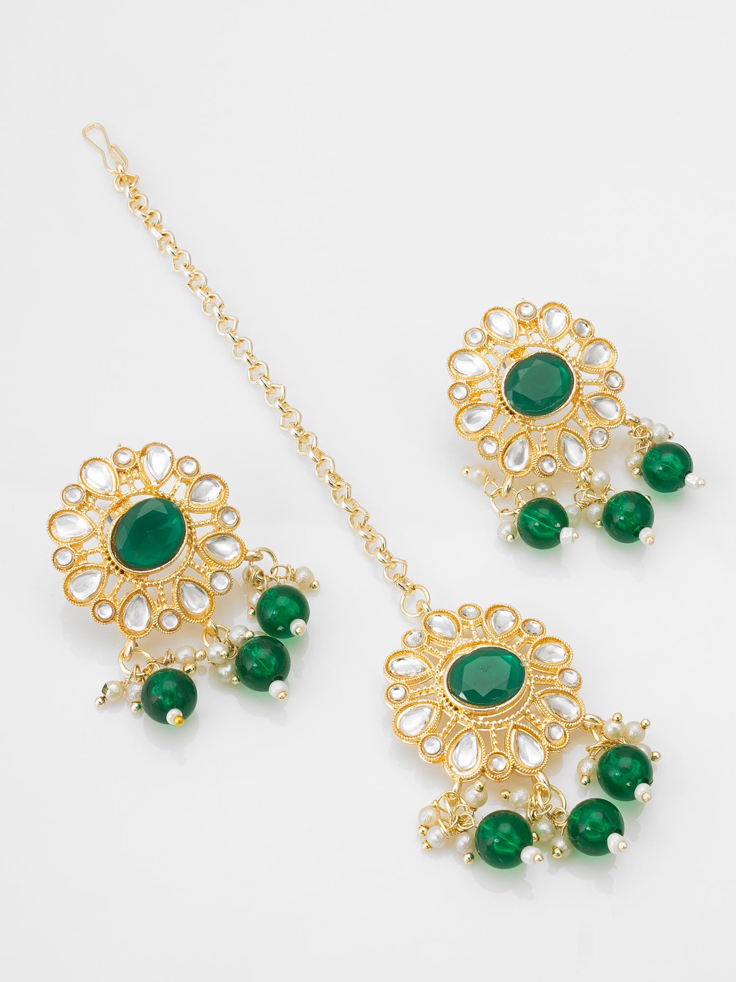 Green Kundan Choker Necklace Set with Beaded Drops Earrings – View 2 | Aadita Jewelry