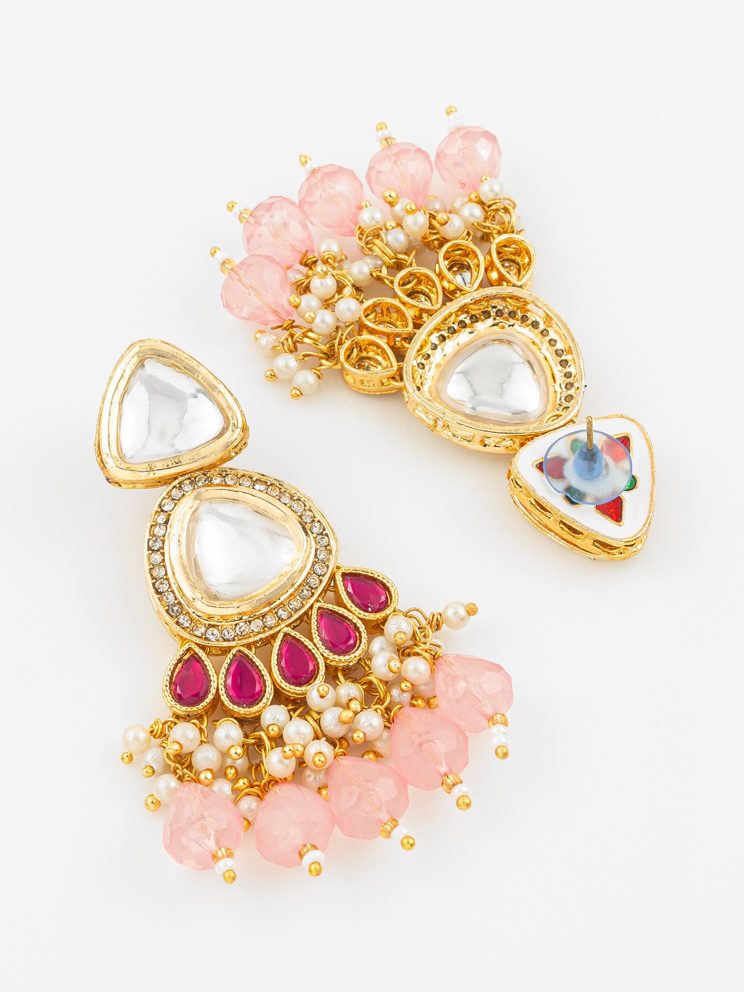 Gold Plated Kundan & Pink Beaded Chandbali Earrings for Women and Girls – View 3 | Aadita Jewelry