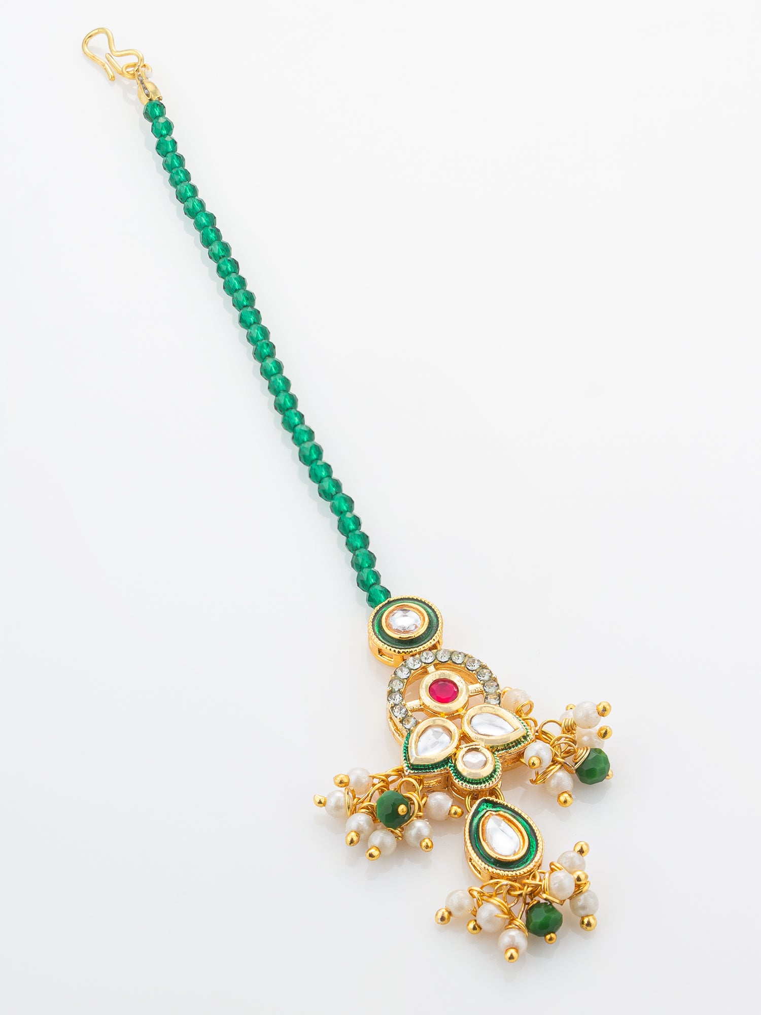 Aadita Gold Plated Green Bead Chain Mangtika with Meenakari Layered Pendant and Pearl Drops – View 2 | Aadita Jewelry