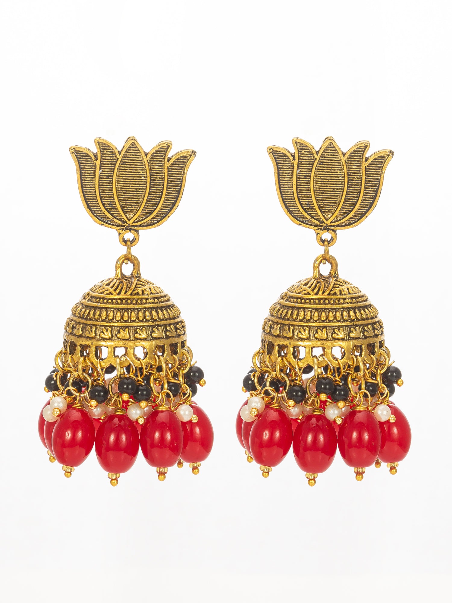 Lotus Top Gold-Plated Red Beaded Jhumka Earrings | Aadita Jewelry