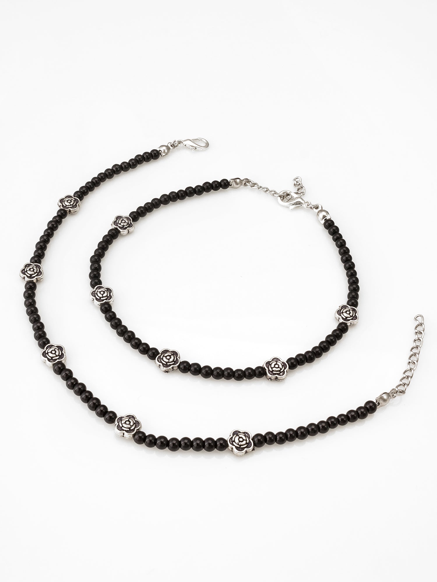 Black Bead Floral Rose Oxidized Anklet Set | Aadita Jewelry