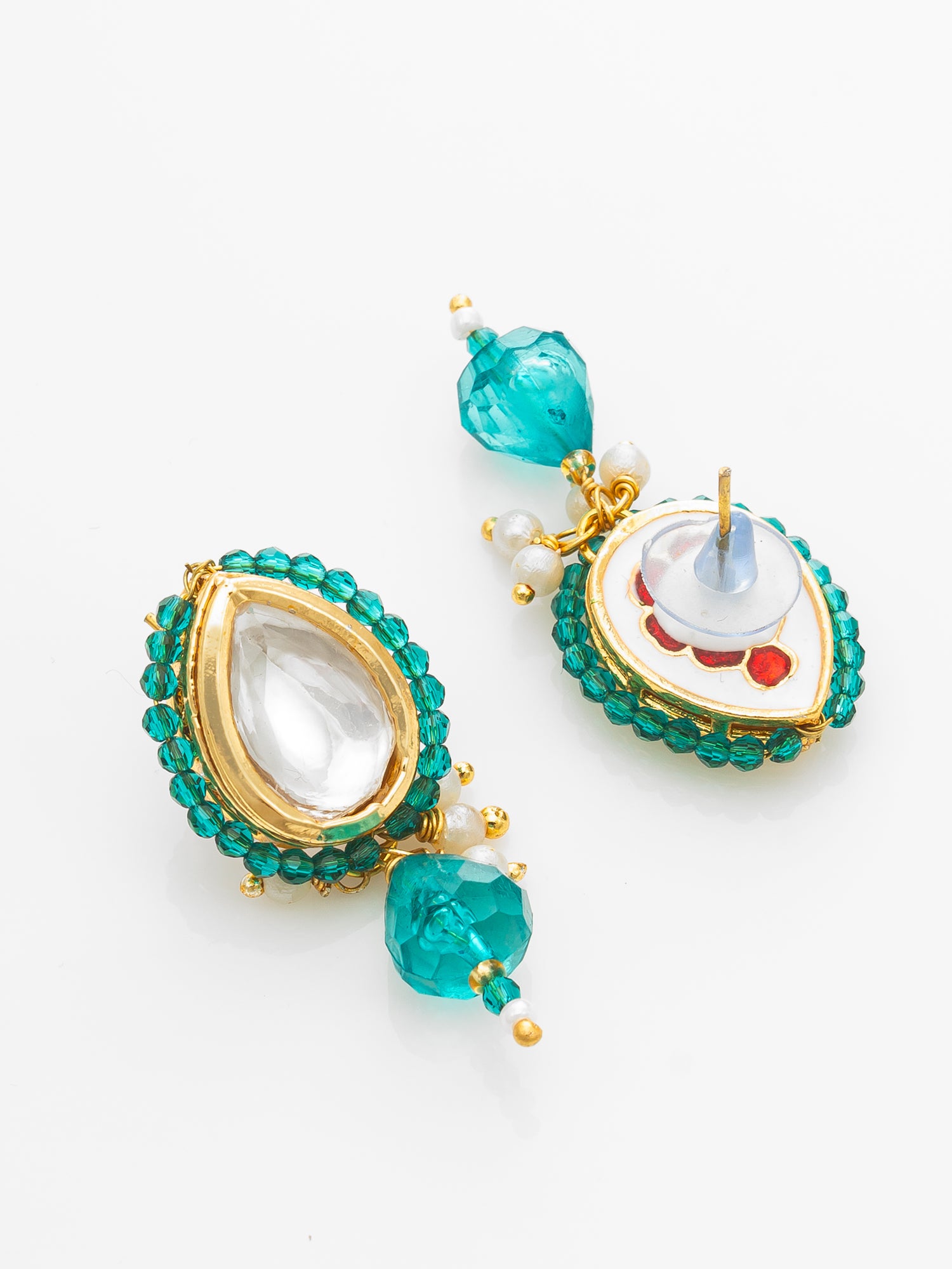 Gold Plated Kundan Teal Beaded Necklace Set with Earrings for Women – View 3 | Aadita Jewelry