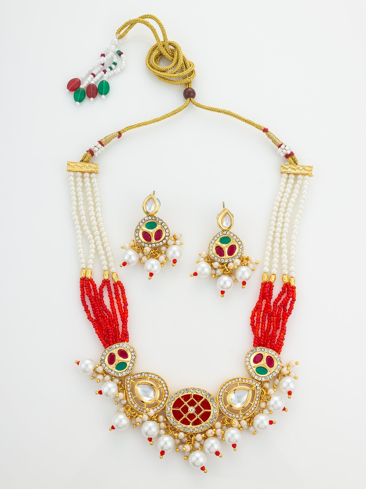 Gold Plated Red and Green Kundan Pearl Choker Set | Aadita Jewelry