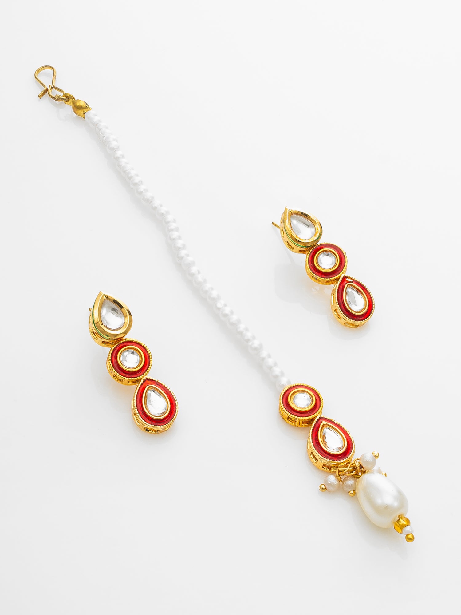 Red & White Kundan Pearl Choker Necklace Set with Maang Tikka for Women – View 2 | Aadita Jewelry