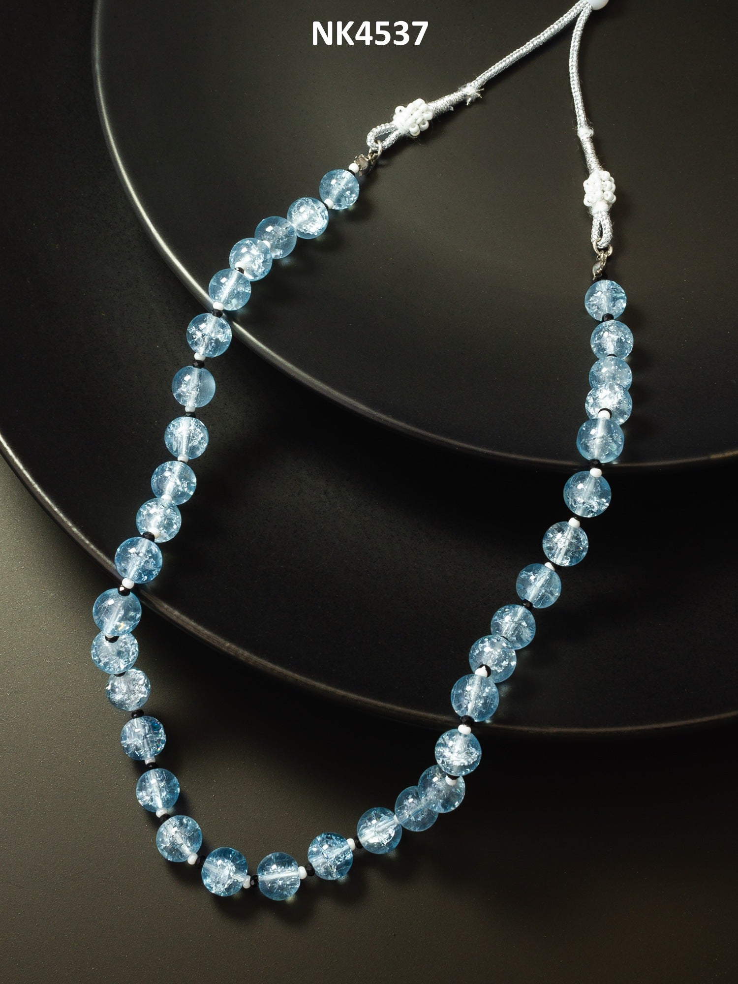 Light Blue Crackle Glass Bead Necklace with Silver Dori and Pearl – View 3 | Aadita Jewelry