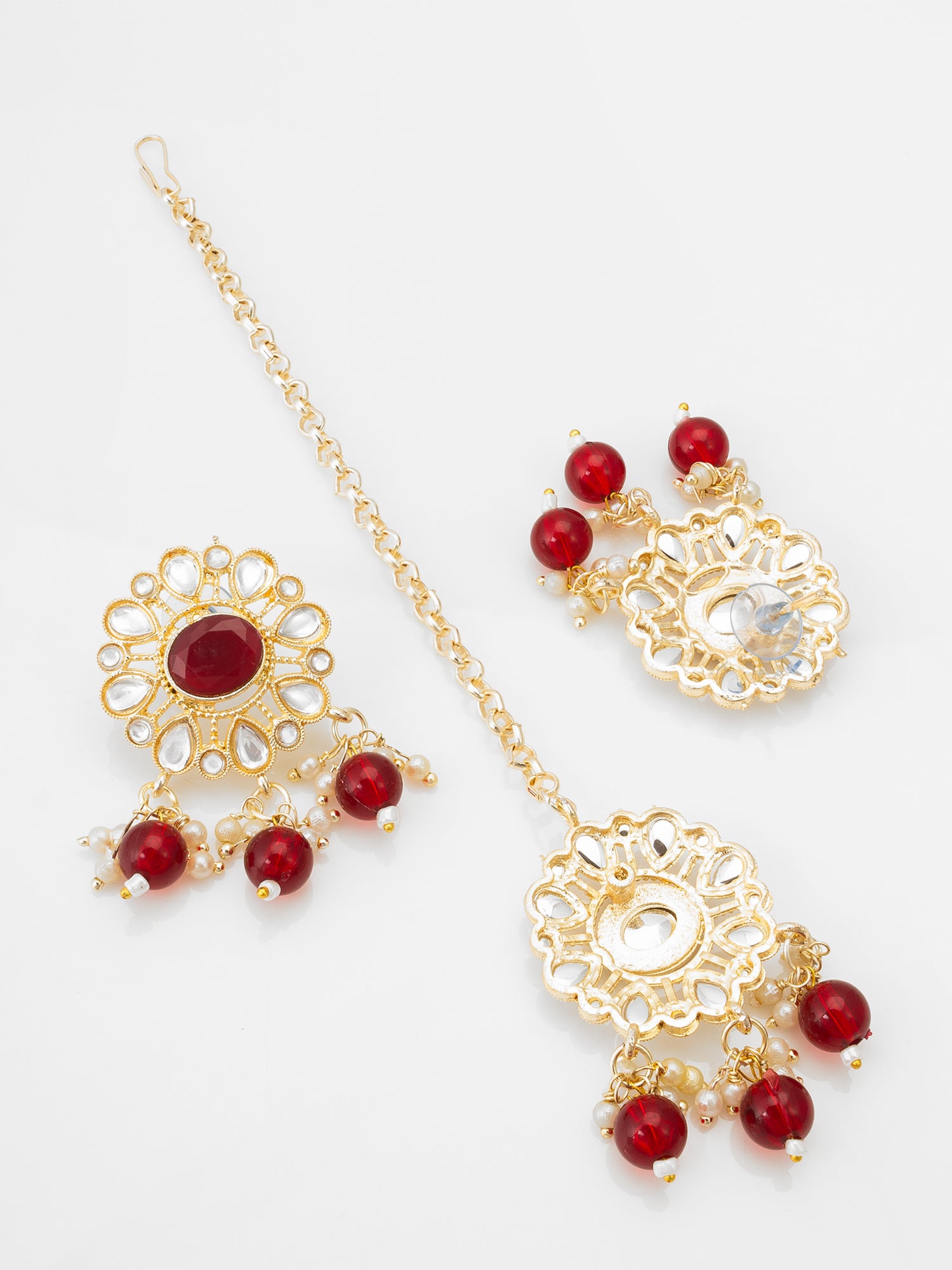 Red Kundan Choker Necklace Set with Beaded Drops Earrings – View 3 | Aadita Jewelry