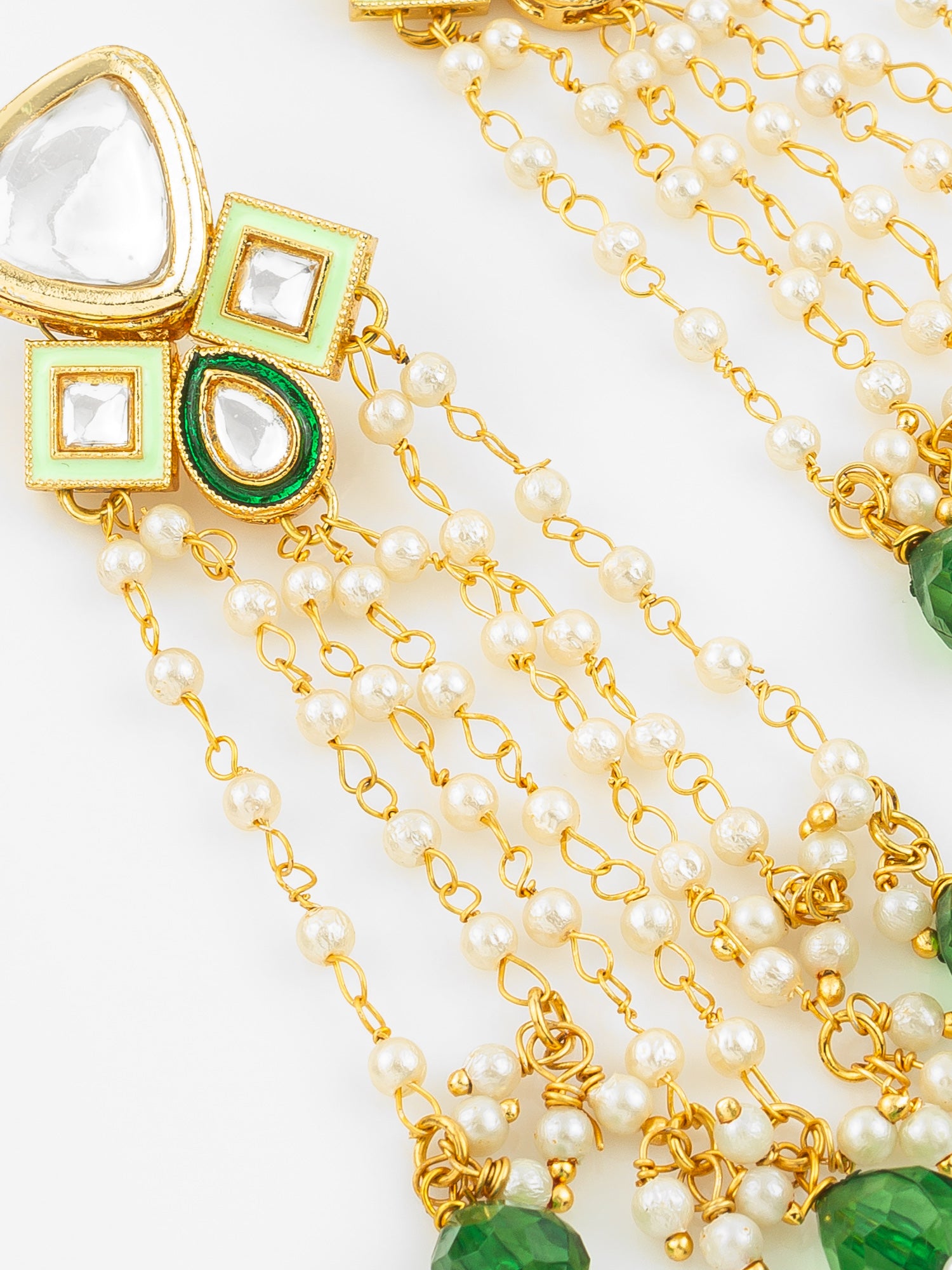 Gold Plated Kundan and Pearl Green Drop Traditional Long Dangler Earrings for Women – View 4 | Aadita Jewelry