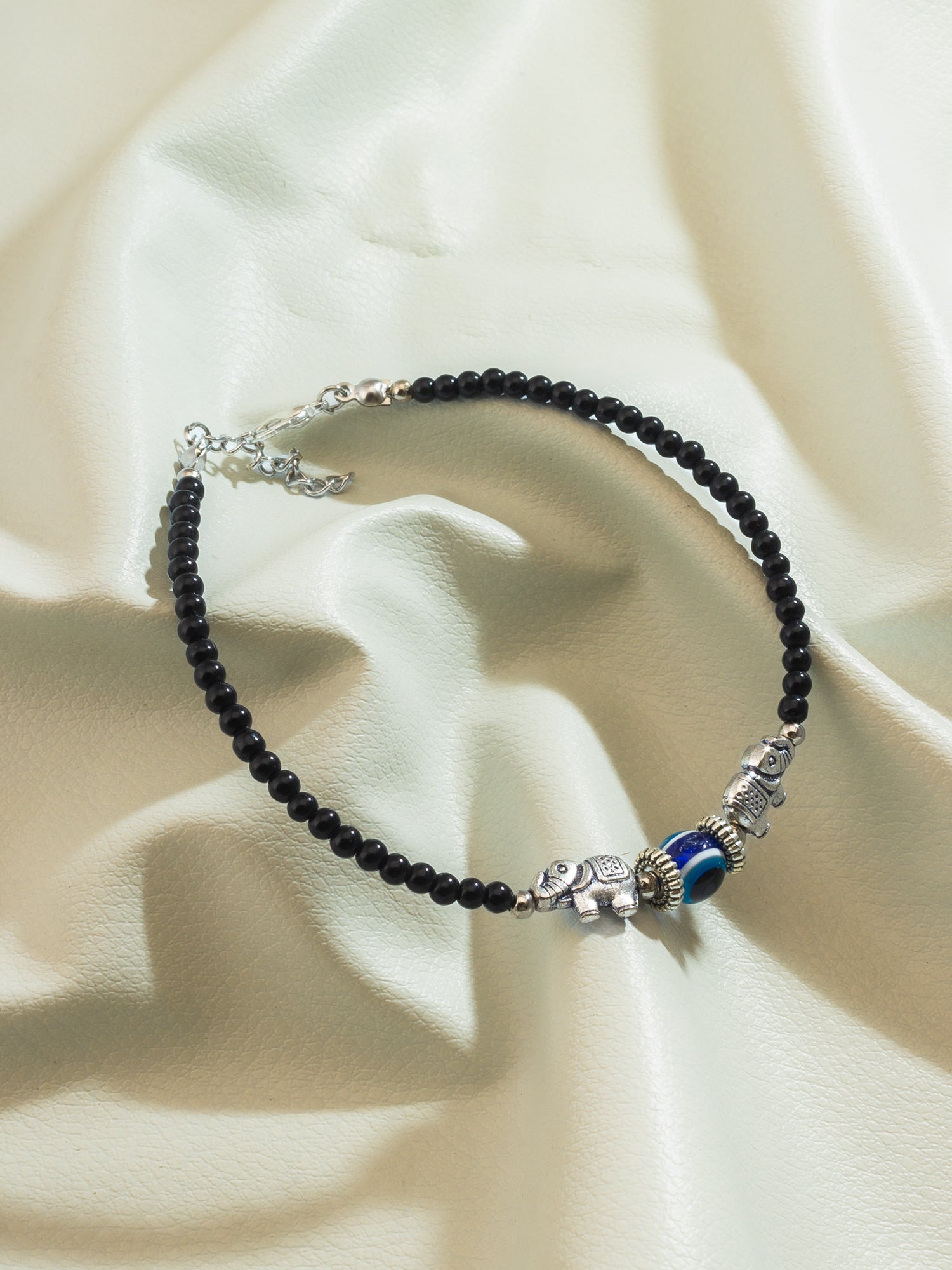 Black Bead Elephant Evil Eye Oxidized Single Anklet – View 4 | Aadita Jewelry