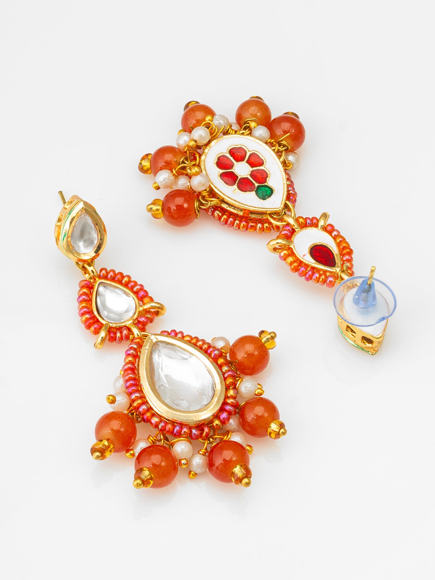 Orange Kundan Drop Earrings with Beads and Pearl – View 2 | Aadita Jewelry