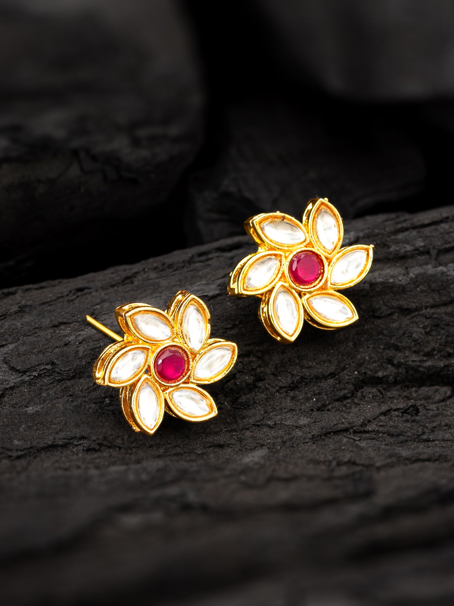 Vibrant Gold Plated White and Pink Kundan Floral Studs – View 5 | Aadita Jewelry