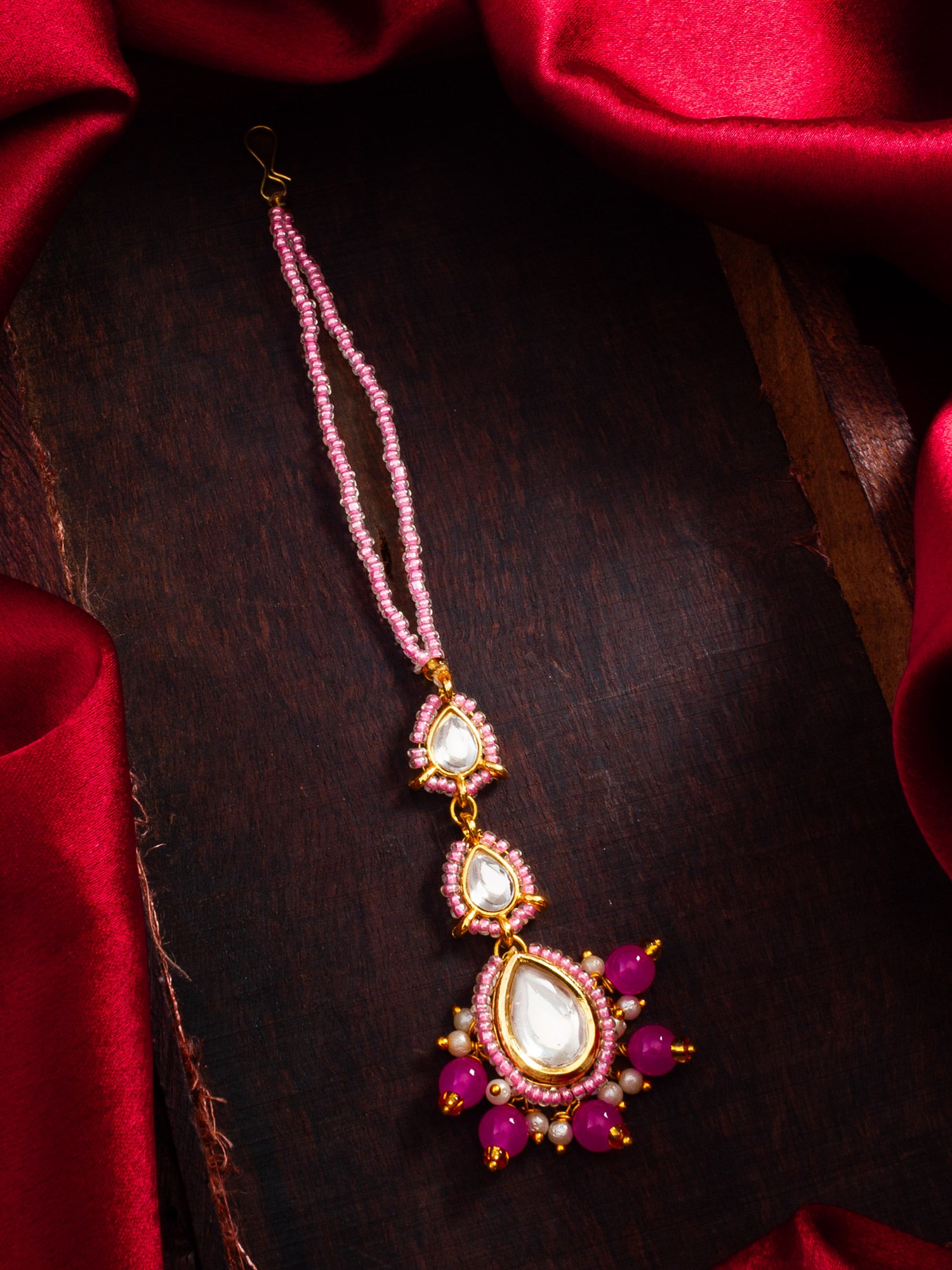 Pink Kundan Beaded Maang Tikka with Faux Pearl Drops – View 5 | Aadita Jewelry