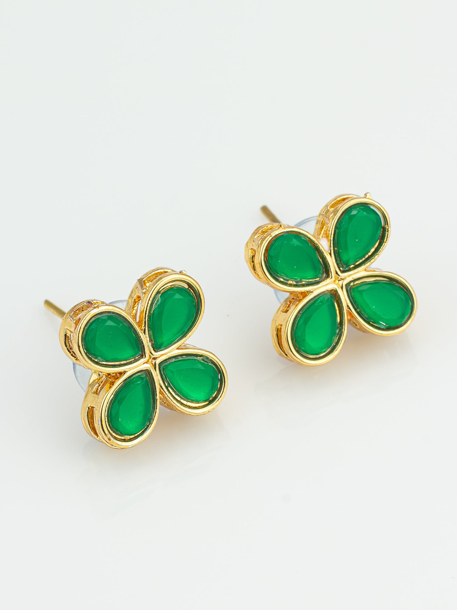 Floral Green Stone Gold Plated Stud Earrings – View 2 | Aadita Jewelry